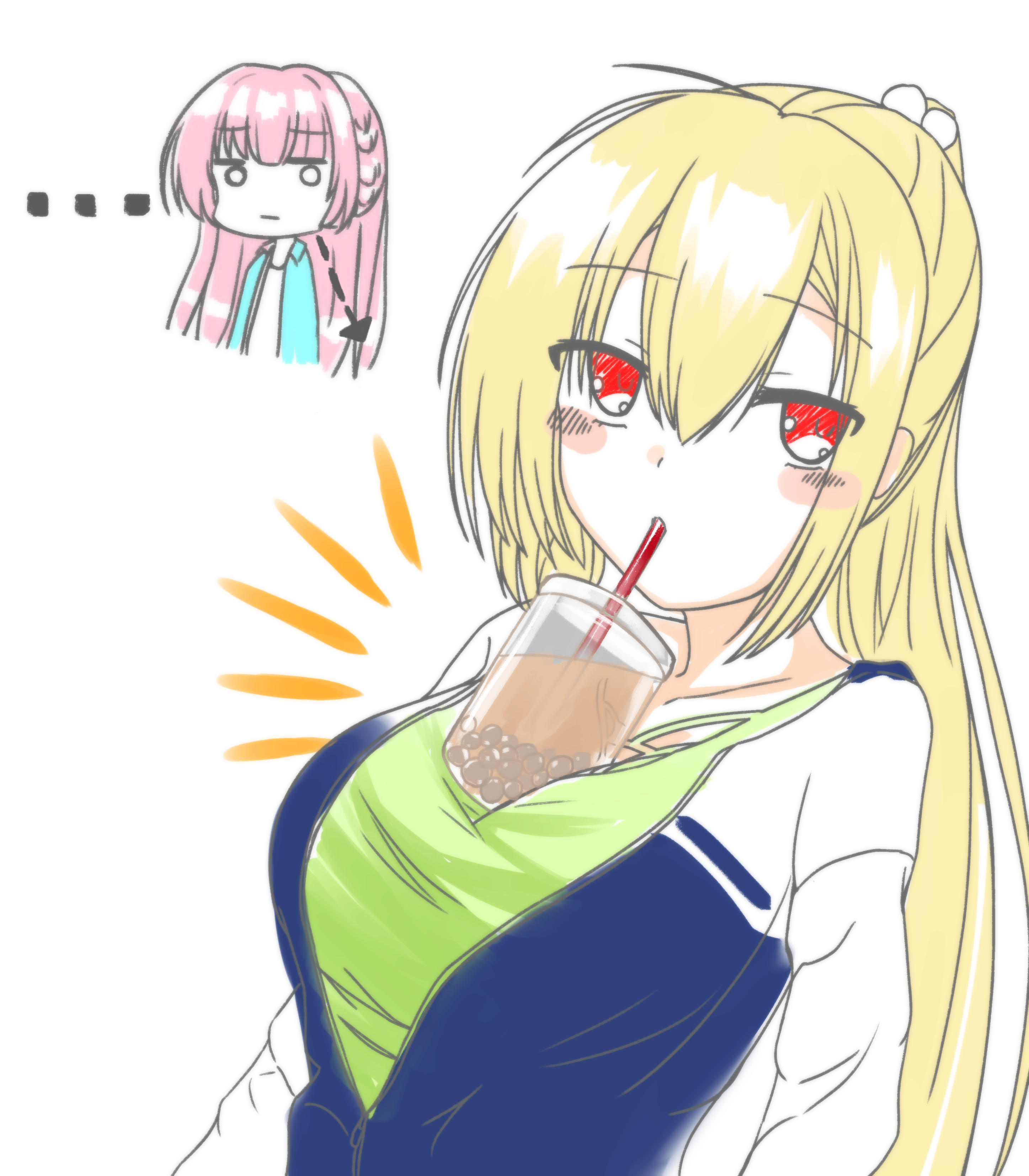 arihara nanami, mitsukasa ayase, riddle joker, absurdres, commentary request, highres, …, 2girls, :|, ahoge, arrow (symbol), blonde hair, blue jacket, blunt bangs, blush stickers, braid, breast envy, breasts, bubble tea challenge, casual, chibi, chibi inset, closed mouth, cropped torso, cup, diad snow, disposable cup, drinking straw, drinking straw in mouth, expressionless, eyes visible through hair, green shirt, hair between eyes, hair ornament, jacket, jitome, large breasts, long hair, long sleeves, looking at breasts, looking at viewer, multicolored jacket, multiple girls, notice lines, o o, open clothes, open jacket, pink hair, pom pom (clothes), pom pom hair ornament, ponytail, red eyes, shirt, side braid, sidelocks, simple background, solo focus, straight hair, two-tone jacket, upper body, very long hair, white background, white sleeves