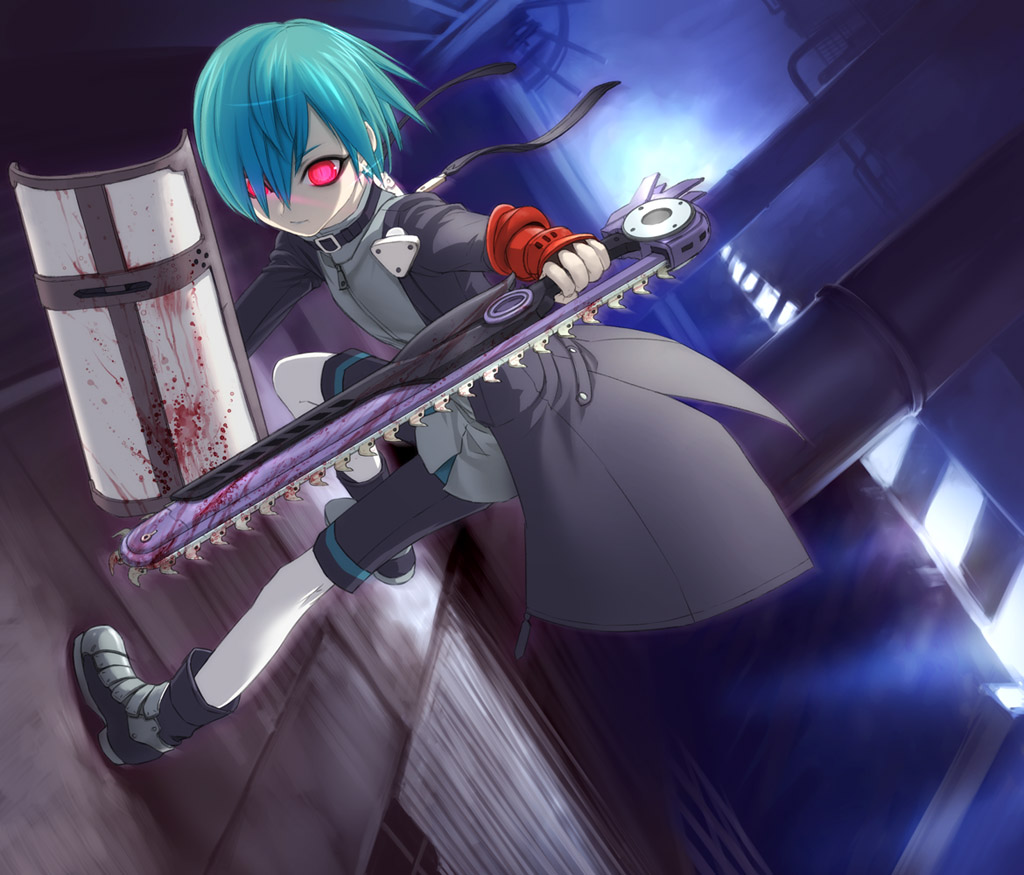 uni (plastic girl), original, 1girl, aqua hair, blood, blue hair, chainsaw, female focus, glowing, red eyes, shield, short hair, solo