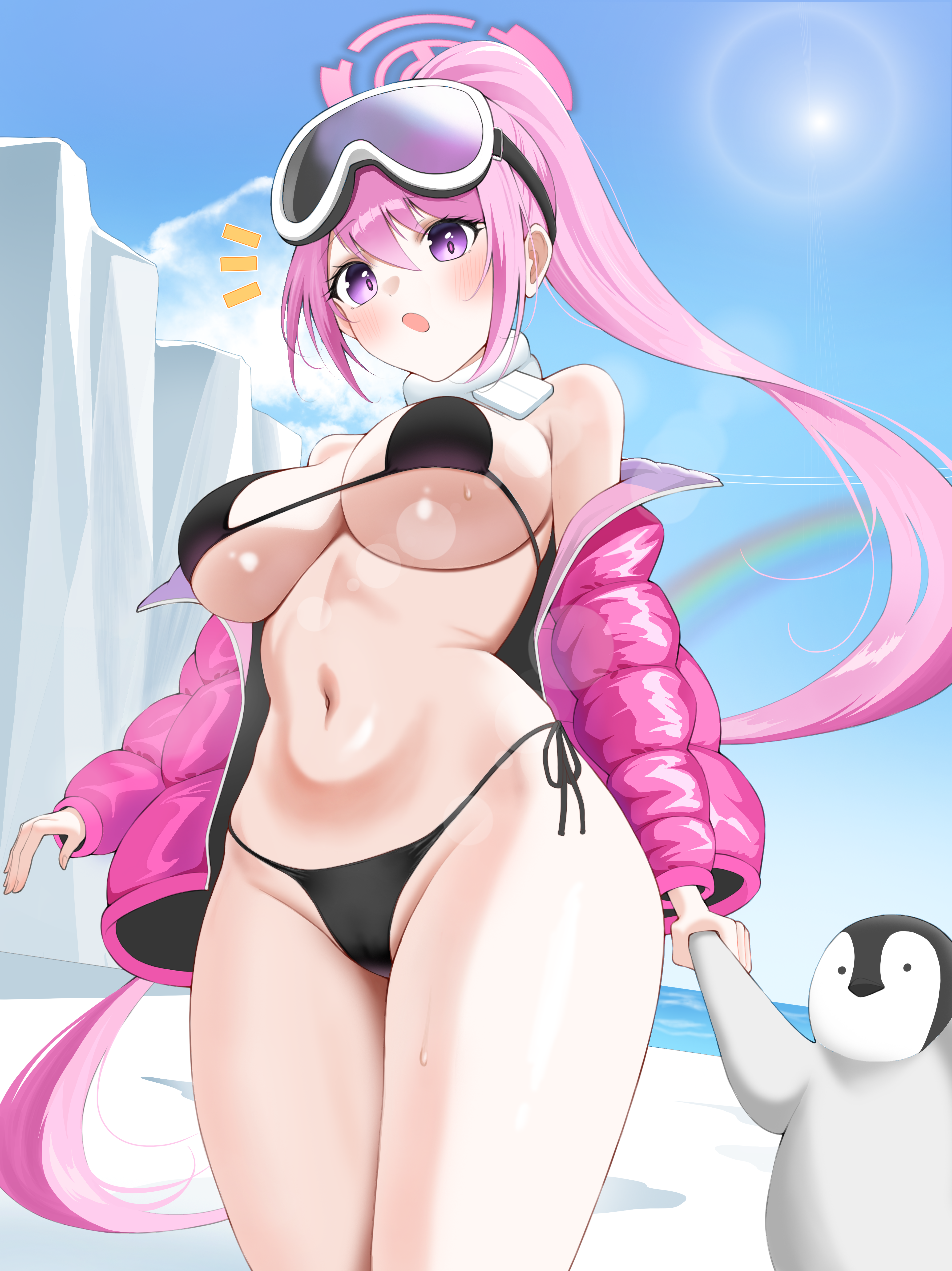 melang (mongsil3000), eimi (blue archive), eimi (swimsuit) (blue archive), blue archive, absurdres, highres, 1girl, bikini, bird, black bikini, blue sky, breasts, day, feet out of frame, goggles, goggles on head, halo, iceberg, jacket, large breasts, long hair, official alternate costume, outdoors, padded jacket, penguin, pink hair, pink halo, pink jacket, ponytail, purple eyes, scarf, side-tie bikini bottom, ski goggles, sky, swimsuit, white scarf
