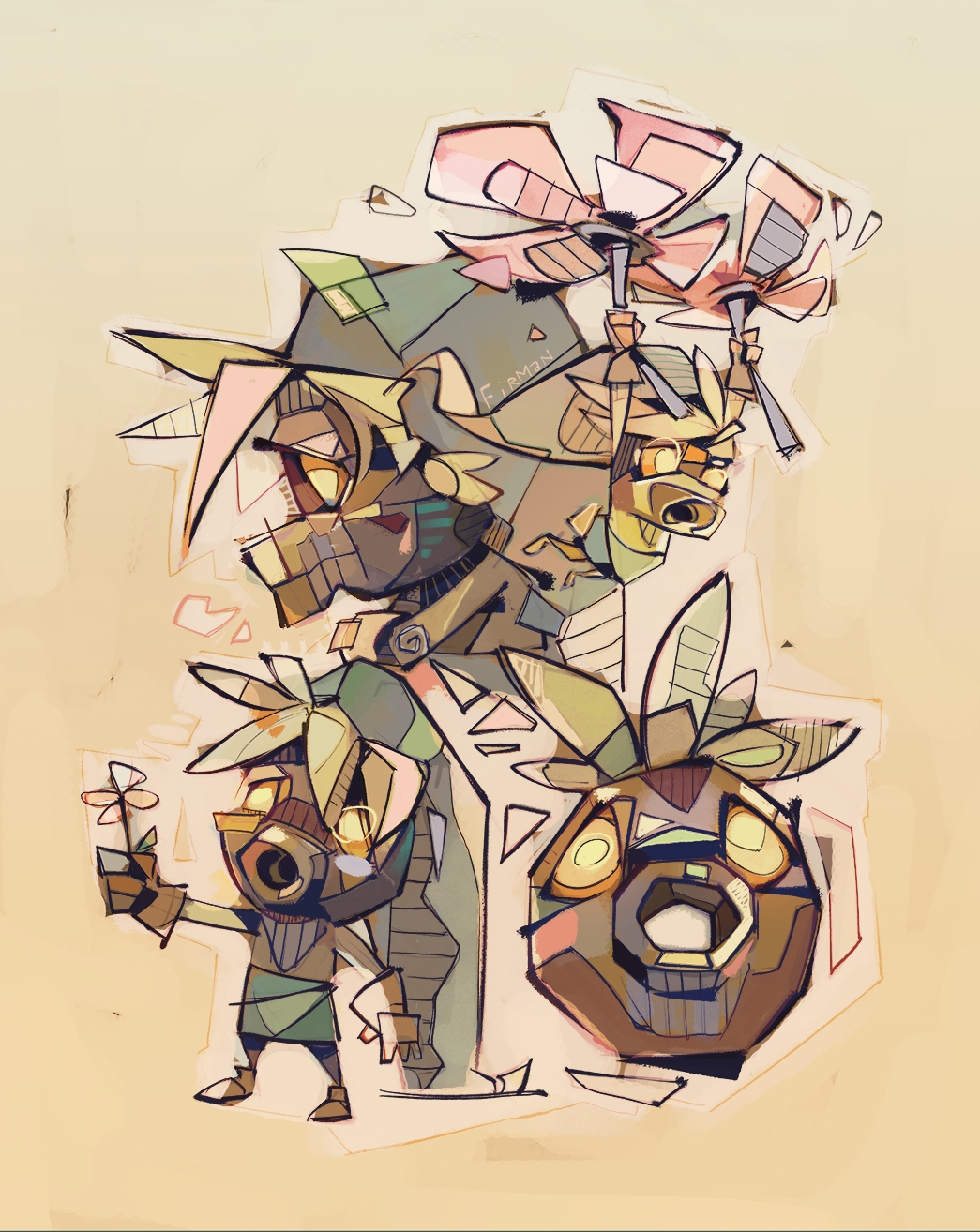 michaelfirman, deku link, link, nintendo, the legend of zelda, the legend of zelda: majora's mask, alt text, commentary, english commentary, highres, 1boy, artist name, blonde hair, deku (zelda), flower, flying, holding, holding flower, male focus, multiple views, profile, simple background, standing, yellow eyes