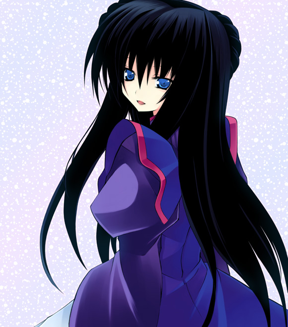 kannon ouji, marina ismail, gundam, gundam 00, 00s, 1girl, black hair, blue dress, blue eyes, dress, female focus, frills, long hair, looking at viewer, solo