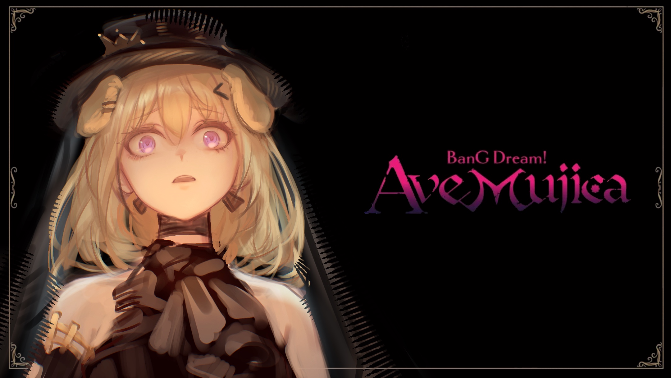 xue meishu mei chulu, misumi uika, arknights, bang dream!, bang dream! it's mygo!!!!!, chinese commentary, commentary request, derivative work, highres, 1girl, animal ears, bare shoulders, black background, black hat, blonde hair, copyright logo, dog ears, dog girl, hair between eyes, hat, looking at viewer, misumi uika (caged singer), open mouth, purple eyes, solo, upper body