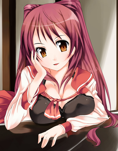 hubrael, kousaka tamaki, to heart (series), to heart 2, 00s, bra, breast press, breasts, brown eyes, cleavage, huge breasts, lingerie, long hair, red hair, school uniform, serafuku, solo, underwear
