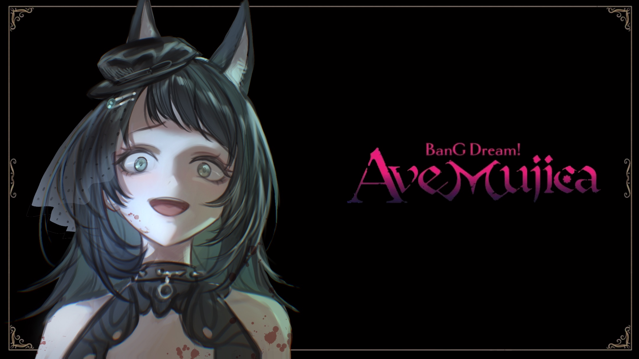 xue meishu mei chulu, yahata umiri, arknights, bang dream!, bang dream! it's mygo!!!!!, chinese commentary, commentary request, derivative work, highres, 1girl, animal ears, black background, black hair, blood, blood on face, constricted pupils, copyright logo, crazy smile, kemonomimi mode, looking at viewer, medium hair, open mouth, simple background, smile, solo, upper body, wolf ears, wolf girl, yahata umiri (moonlight executioner)