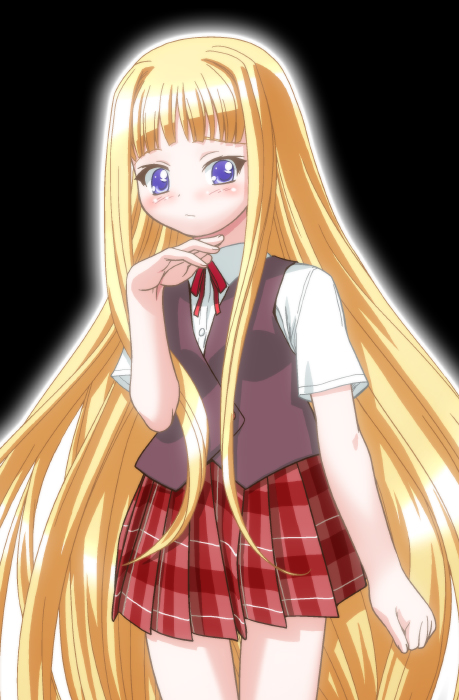 gambler club, evangeline a.k. mcdowell, mahou sensei negima!, 00s, black background, colored skin, cowboy shot, long hair, plaid clothes, plaid skirt, red skin, school uniform, serafuku, simple background, skirt, solo, vampire, very long hair