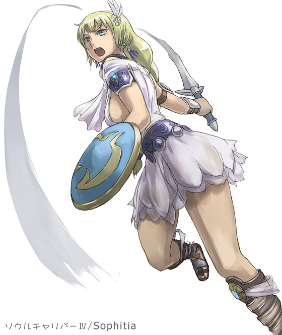 tea (nakenashi), sophitia alexandra, soul calibur, soulcalibur, soulcalibur iv, 1girl, armor, armored dress, blonde hair, blonde twist, blue eyes, breasts, character name, copyright name, dress, elk shield, female focus, full body, gladiator sandals, goddess bracelet, goddess guards, goddess headdress, goddess robe, kneehighs, long hair, omega sword, sandals, shield, sideboob, socks, solo, standing, standing on one leg, sword, weapon, white background