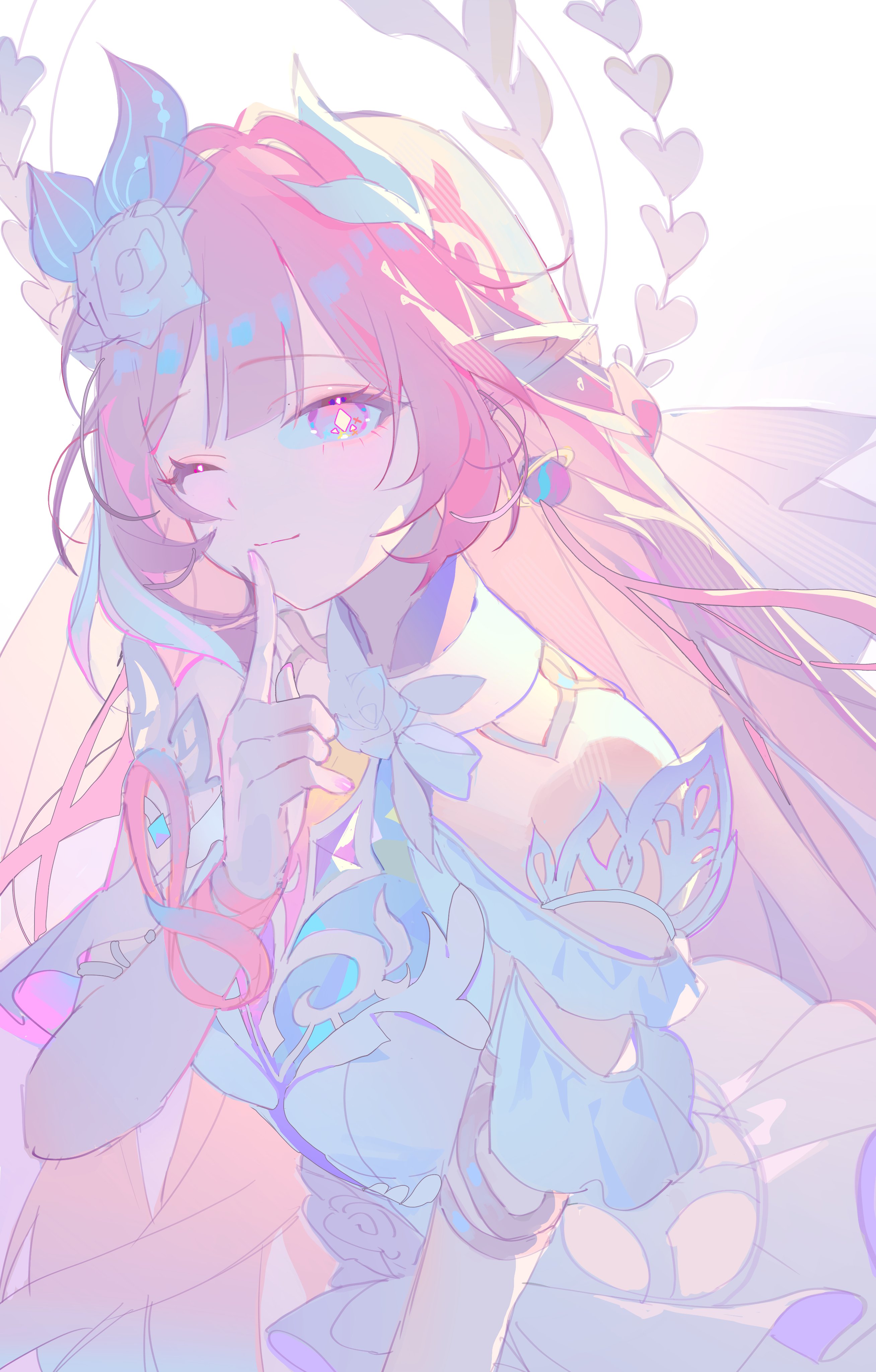 luzi/fengli nanzi, cyrene (honkai: star rail), honkai: star rail, honkai (series), absurdres, commentary, highres, symbol-only commentary, 1girl, bare shoulders, breasts, closed mouth, cyrene (ripples of past reverie) (honkai: star rail), diamond-shaped pupils, diamond (shape), dress, finger to mouth, hair ornament, hand up, long hair, looking at viewer, medium breasts, nail polish, one eye closed, pink eyes, pink hair, pink nails, pointy ears, sidelocks, smile, solo, symbol-shaped pupils, white background, white dress