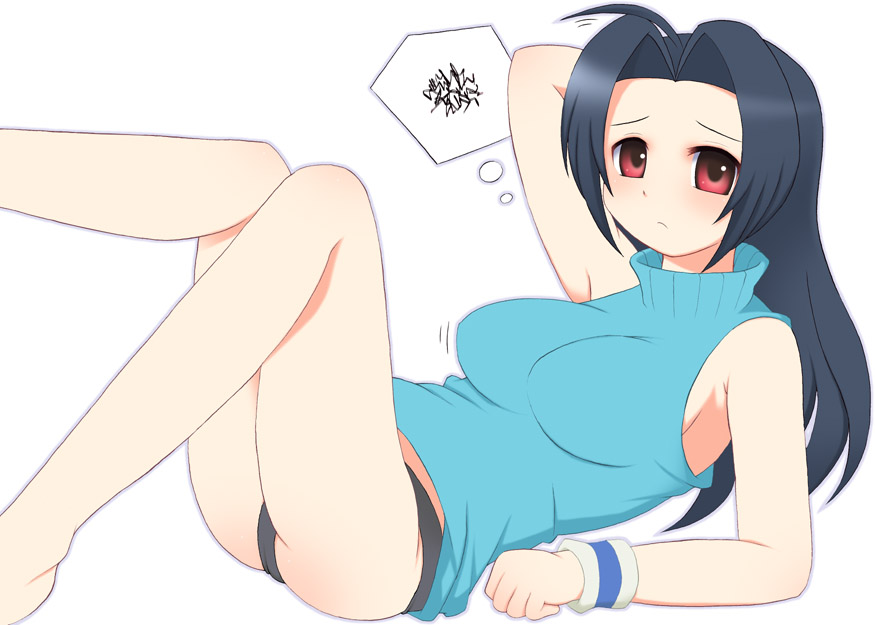 kurappii, miura azusa, idolmaster, idolmaster (classic), idolmaster 1, 00s, bare shoulders, lying, panties, sleeveless, sleeveless turtleneck, solo, turtleneck, underwear