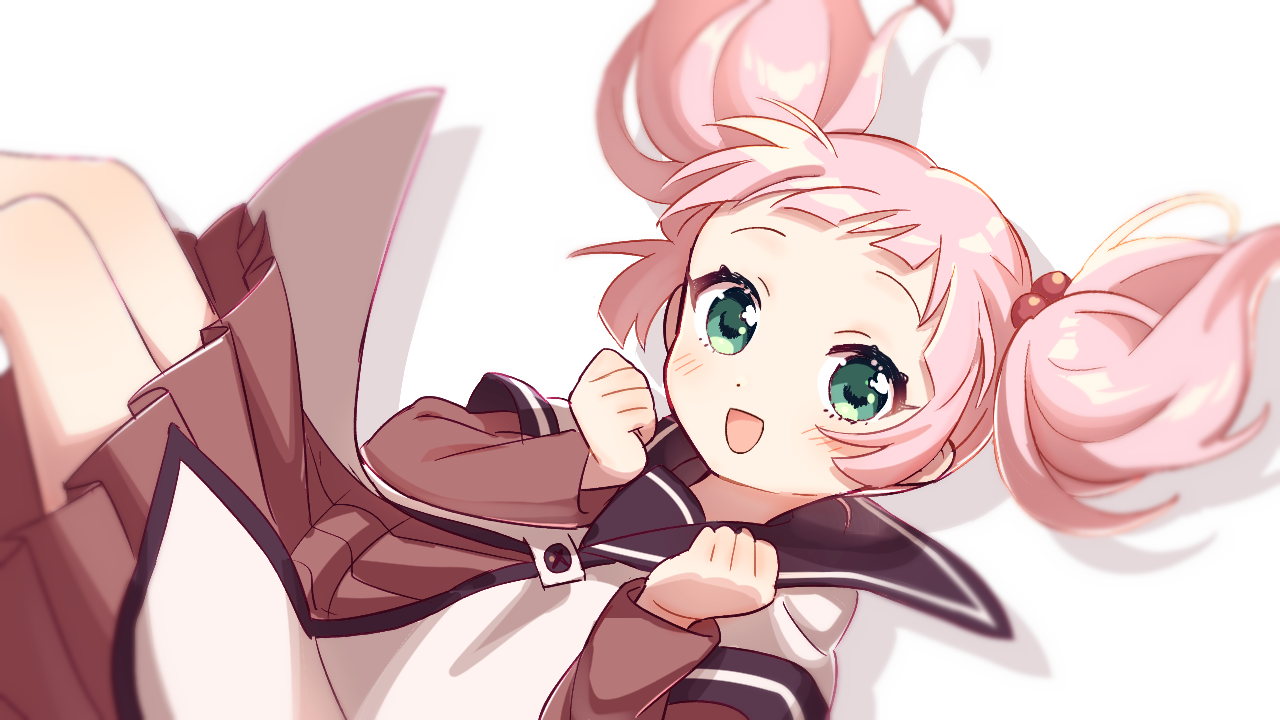 shuu (syuuuuuuuuuu), toshinou kyouko, yuruyuri, commentary request, 1girl, :d, black sailor collar, blunt bangs, blush, dress, feet out of frame, green eyes, hair bobbles, hair ornament, hands up, layered sleeves, long sleeves, looking at viewer, nanamori school uniform, open mouth, pink hair, pleated dress, red dress, sailor collar, school uniform, shadow, shirt, short hair, short over long sleeves, short sleeves, simple background, smile, solo, twintails, white background, white shirt