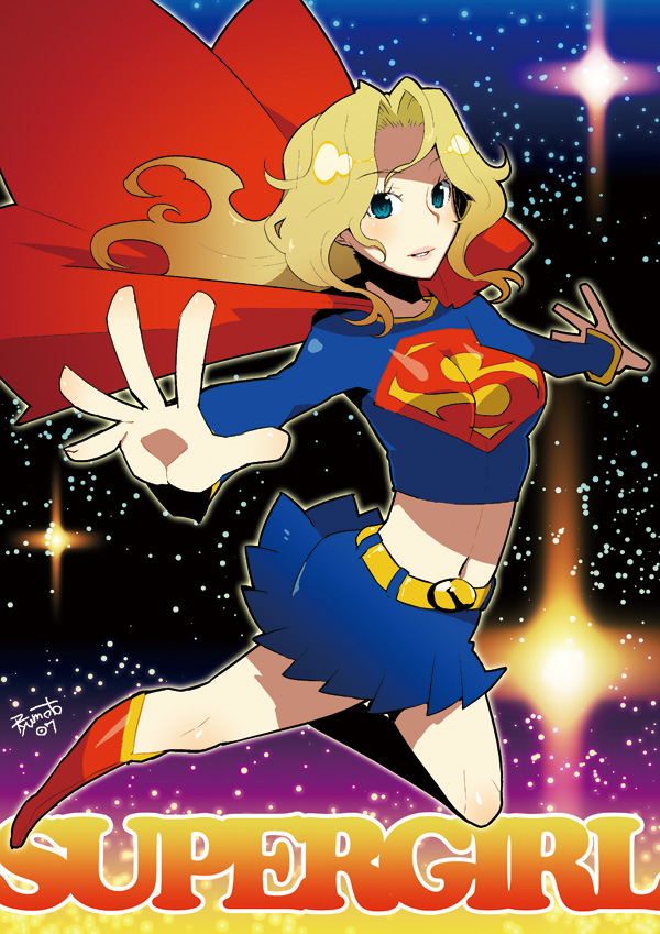 hamamoto ryuusuke, supergirl, dc comics, superman (series), 1girl, alien, animification, belt, blonde hair, blue skirt, blush, boots, cape, character name, female focus, flying, kryptonian, long hair, midriff, navel, pantyhose, red cape, s shield, shadow, skirt, solo, star (symbol)