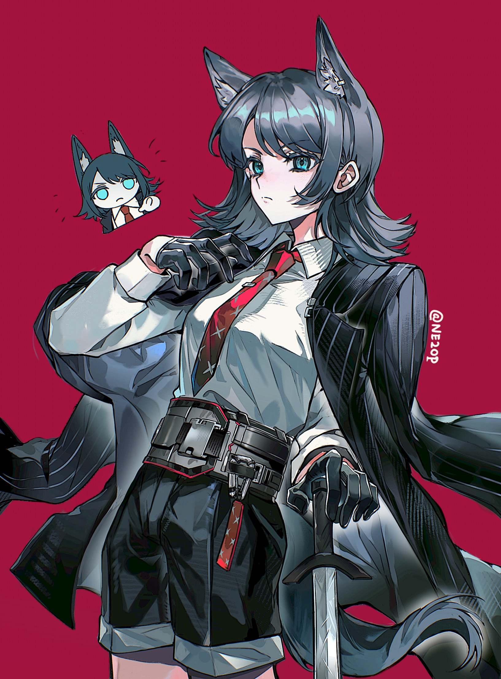 yahata umiri, bang dream!, bang dream! it's mygo!!!!!, chinese commentary, commentary request, highres, 1girl, animal ears, belt, black gloves, black hair, black jacket, black shorts, blue eyes, chibi, chibi inset, closed mouth, collared shirt, cowboy shot, gloves, half gloves, hand up, holding, holding sword, holding weapon, jacket, jacket on shoulders, kemonomimi mode, long sleeves, looking at viewer, medium hair, ne2op, necktie, purple background, red necktie, shirt, shorts, simple background, solo, standing, sword, tail, weapon, white shirt, wolf ears, wolf girl, wolf tail, yahata umiri (moonlight executioner)