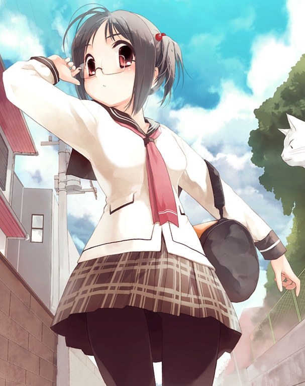 koin (foxmark), gagraphic, wall, rotated, 1girl, adjusting eyewear, arm up, bag, blush, brown skirt, cat, chain-link fence, cloud, day, female focus, fence, from below, glasses, grey hair, hair bobbles, hair ornament, house, outdoors, pantyhose, plaid clothes, plaid skirt, power lines, red eyes, school uniform, serafuku, short hair, side ponytail, skirt, sky, solo, standing, thigh gap, tree, twintails, utility pole