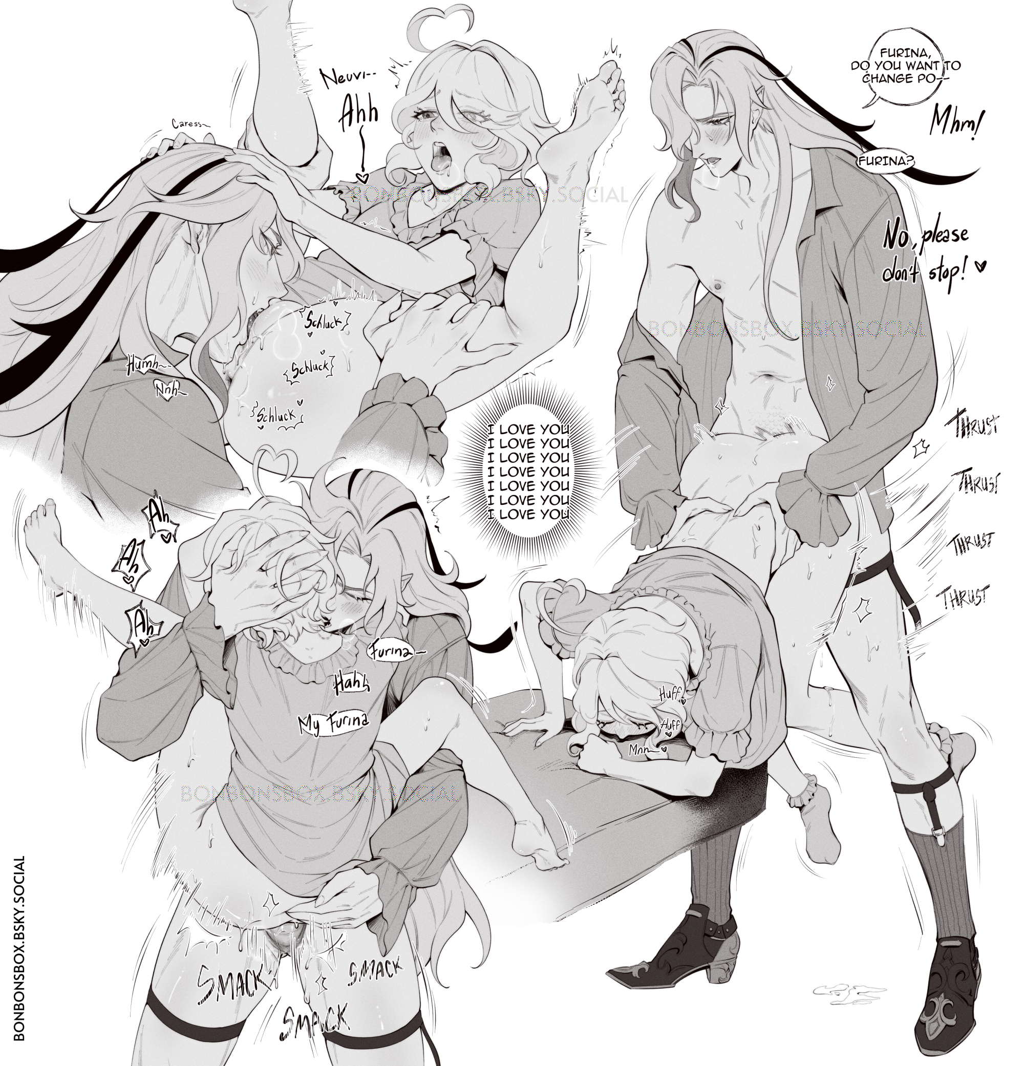 bonbon (bonesofbeskar), furina (genshin impact), neuvillette (genshin impact), genshin impact, highres, 1boy, 1girl, ahoge, anus, aroused, bite mark, bite mark on neck, bluesky username, blush, bottomless, carrying, carrying person, closed eyes, cunnilingus, drooling, english text, female orgasm, frilled shirt, frills, full body, greyscale, hand on another's head, hands on another's head, heart, heart ahoge, hetero, legs up, lifting person, looking at another, monochrome, motion lines, multiple views, nipples, open mouth, oral, orgasm, pectorals, pussy, pussy juice, scales, sex, sex from behind, shirt, simple background, speech bubble, spread legs, standing, standing sex, talking, testicles, tongue, tongue out, top-down bottom-up, torso grab, uncensored, white background