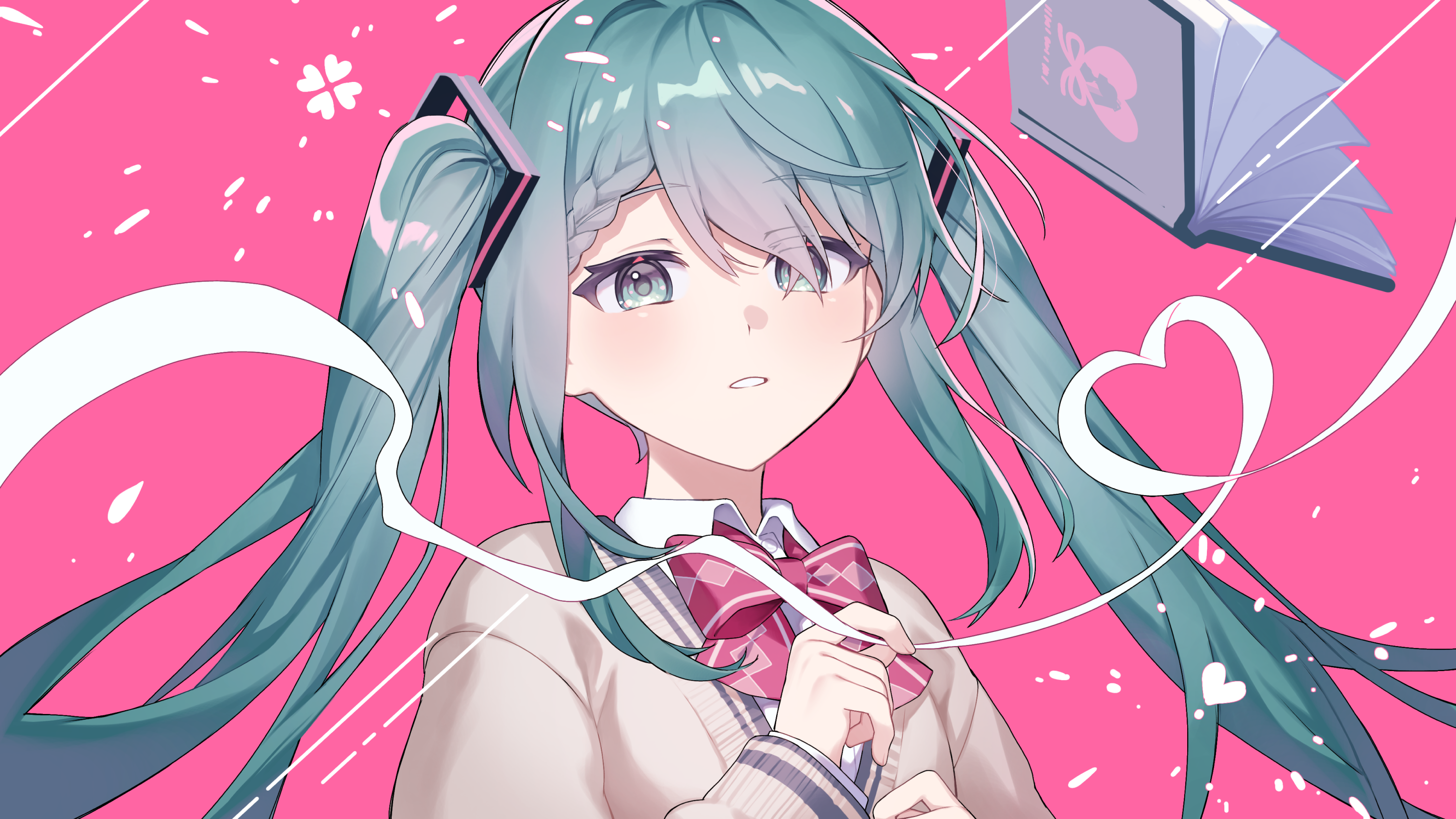 kurobikari, hatsune miku, vocaloid, commentary request, highres, 1girl, blue eyes, blue hair, blush, bow, bowtie, long hair, long sleeves, looking at viewer, parted lips, pink background, pink bow, pink bowtie, portrait, solo, sweater, twintails, wing collar, yellow sweater