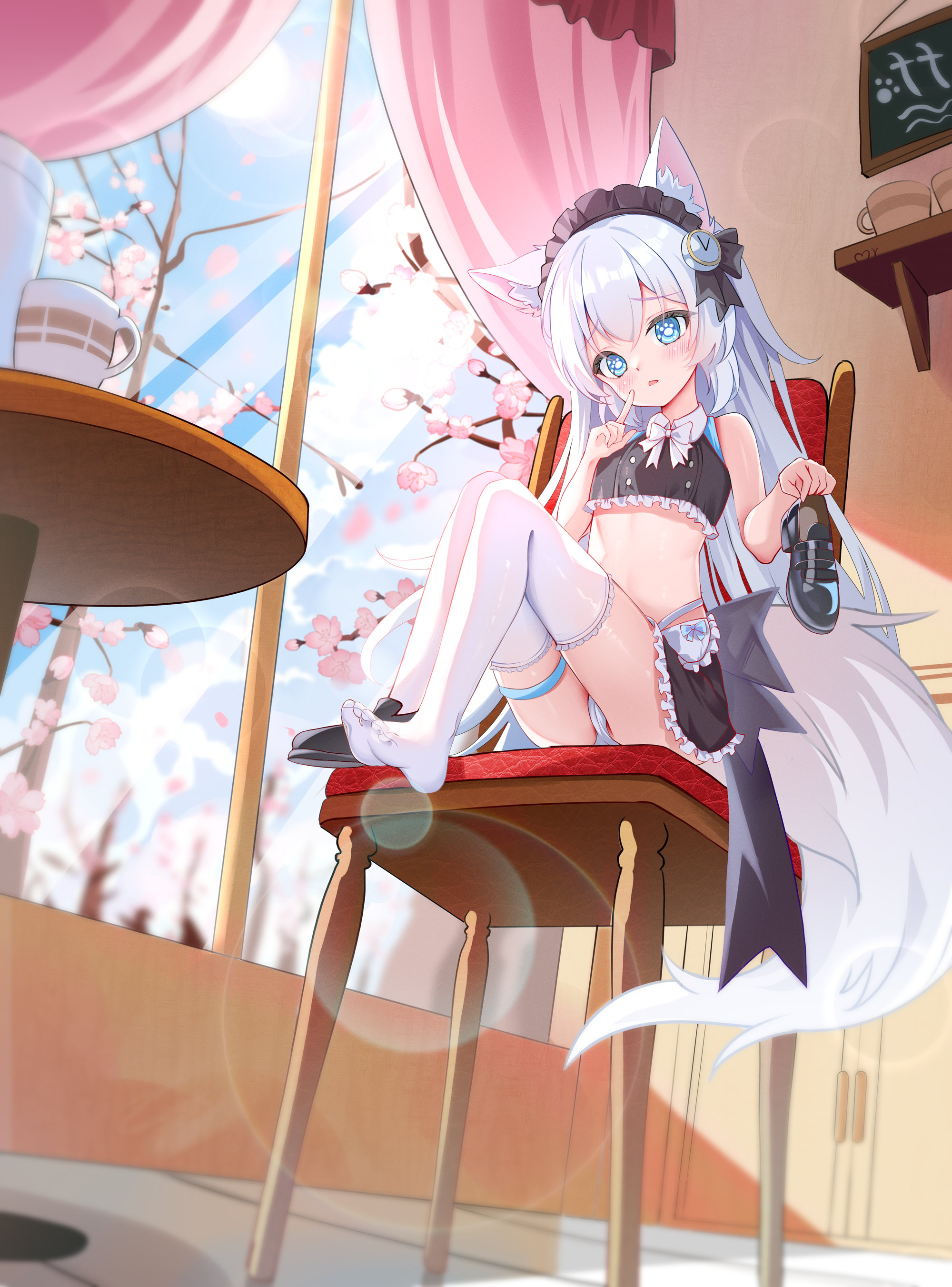 ccczr, original, absurdres, chinese commentary, commentary request, highres, 1girl, animal ear fluff, animal ears, blue eyes, chair, long hair, panties, shirt, shoes, sitting, skirt, solo, tail, thighhighs, underwear, unworn shoes, white hair, white panties, white thighhighs