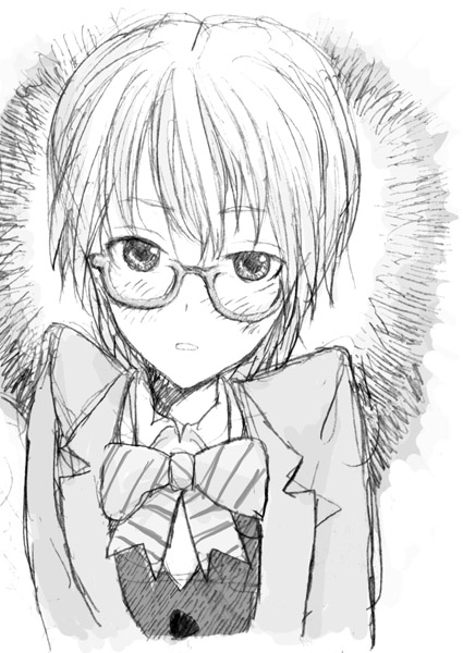 misumi nagisa, futari wa precure, precure, 00s, blazer, blush, glasses, greyscale, jacket, monochrome, solo