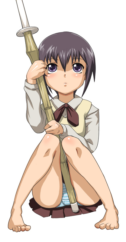 baanin, kawazoe tamaki, bamboo blade, 00s, panties, pantyshot, shinai, solo, striped clothes, striped panties, sword, underwear, weapon