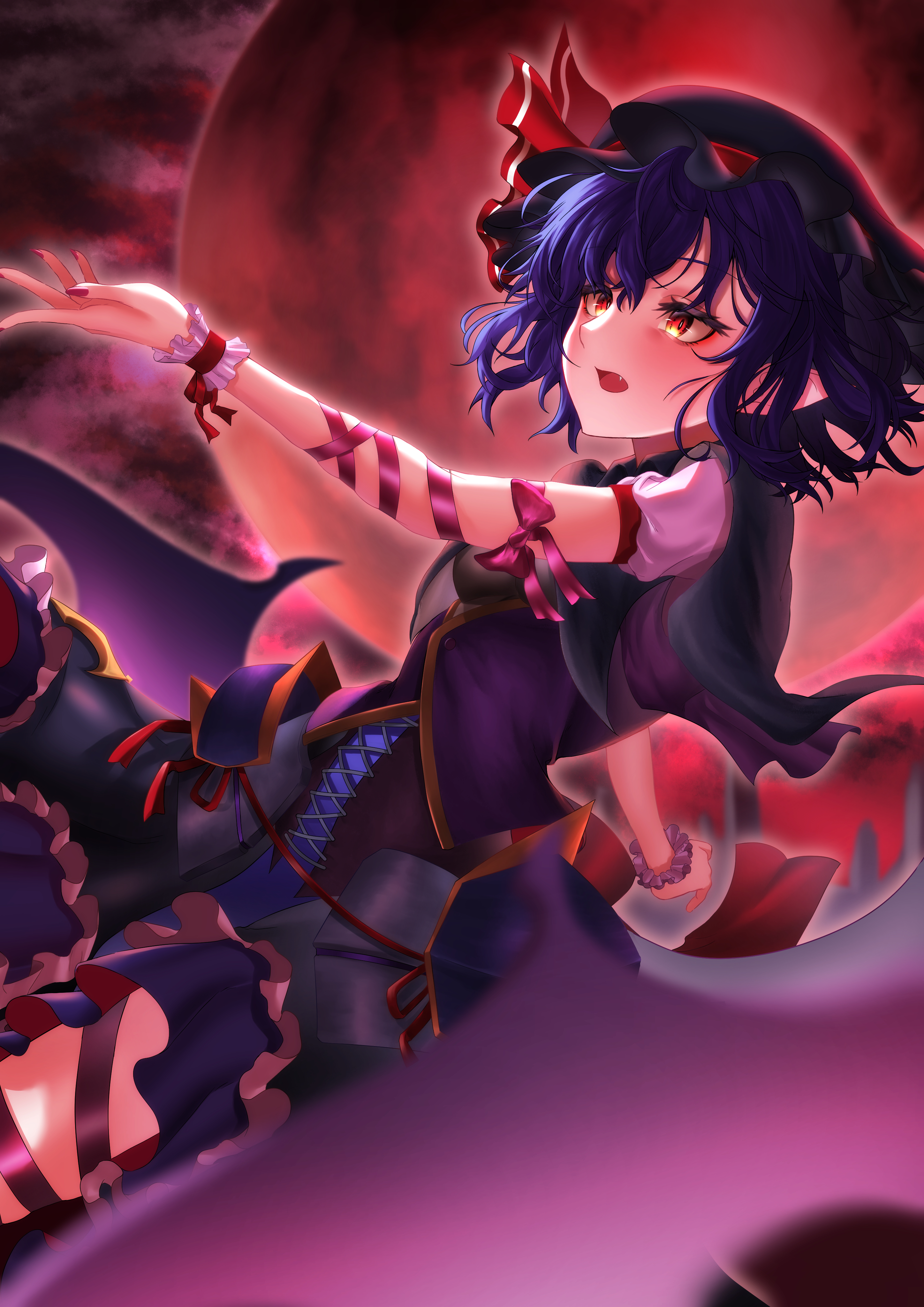 remilia scarlet, touhou, absurdres, commentary request, highres, 1girl, adapted costume, alternate color, arm ribbon, bat wings, black hat, black shirt, black skirt, blue hair, blurry, blush, bow, bright pupils, brown corset, cloud, collared shirt, corset, depth of field, dutch angle, eyelashes, fang, floating hair, frilled skirt, frilled wrist cuffs, frills, from side, full moon, glowing, hair between eyes, hakuchon821, hat, hat ribbon, leg ribbon, looking ahead, low wings, medium hair, mob cap, moon, night, open mouth, outdoors, outstretched arm, puffy short sleeves, puffy sleeves, red bow, red eyes, red moon, red ribbon, red skirt, red wrist cuffs, ribbon, shirt, short sleeves, skirt, slit pupils, solo, tsurime, white pupils, wings, wrist cuffs