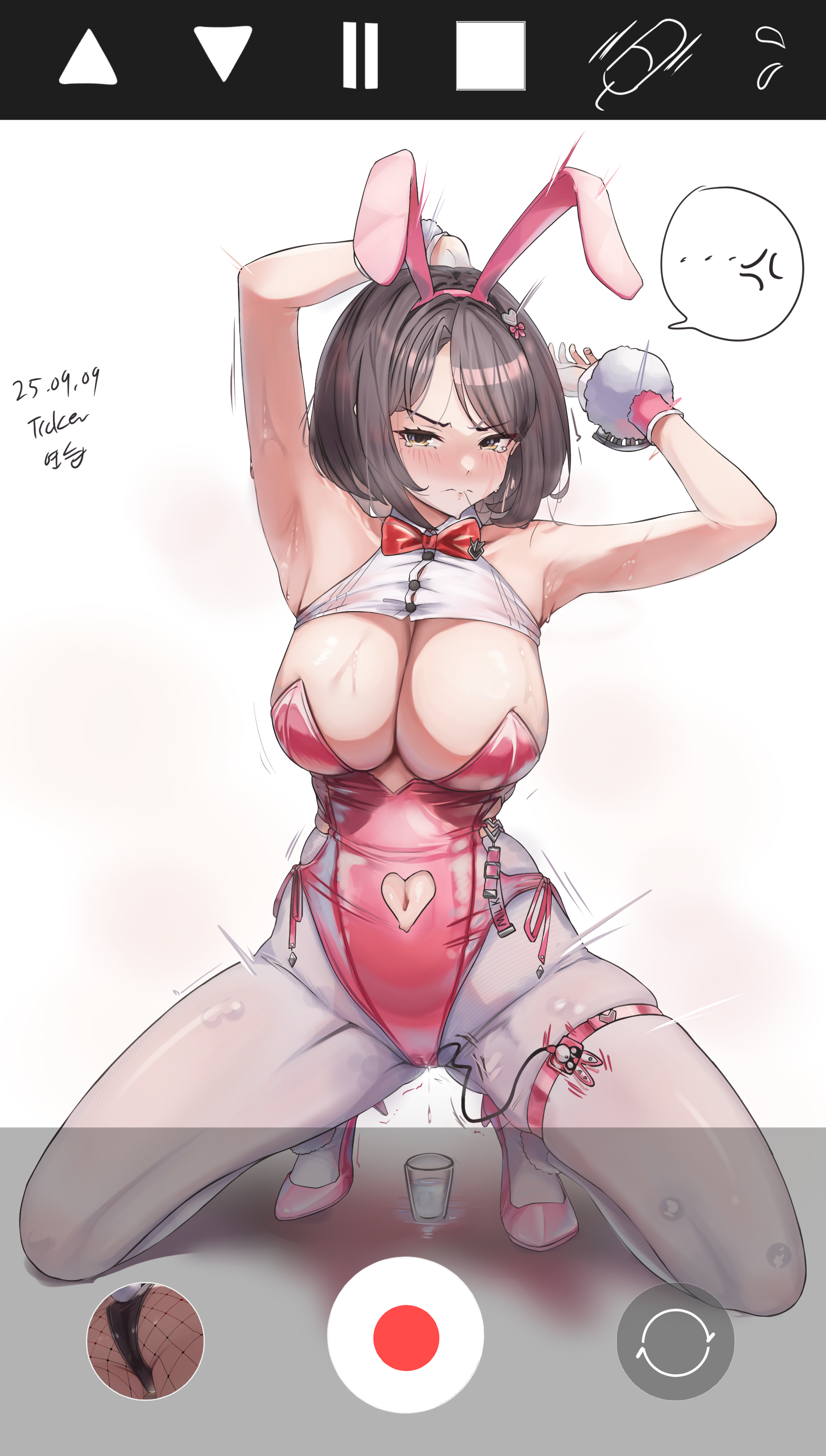 ticker (kks2ksy), milk (blooming bunny) (nikke), milk (nikke), goddess of victory: nikke, absurdres, highres, 1girl, animal ear hairband, animal ears, arms up, bow, bowtie, breasts, brown hair, clothing cutout, cup, fake animal ears, fake phone screenshot, fake screenshot, hairband, large breasts, leotard, navel cutout, pantyhose, pink leotard, playboy bunny, pussy juice, pussy juice drip through clothes, rabbit ear hairband, rabbit ears, recording, solo, sweat, tears, v-shaped eyebrows, vibrator cord, vibrator in thigh strap, white pantyhose, yellow eyes
