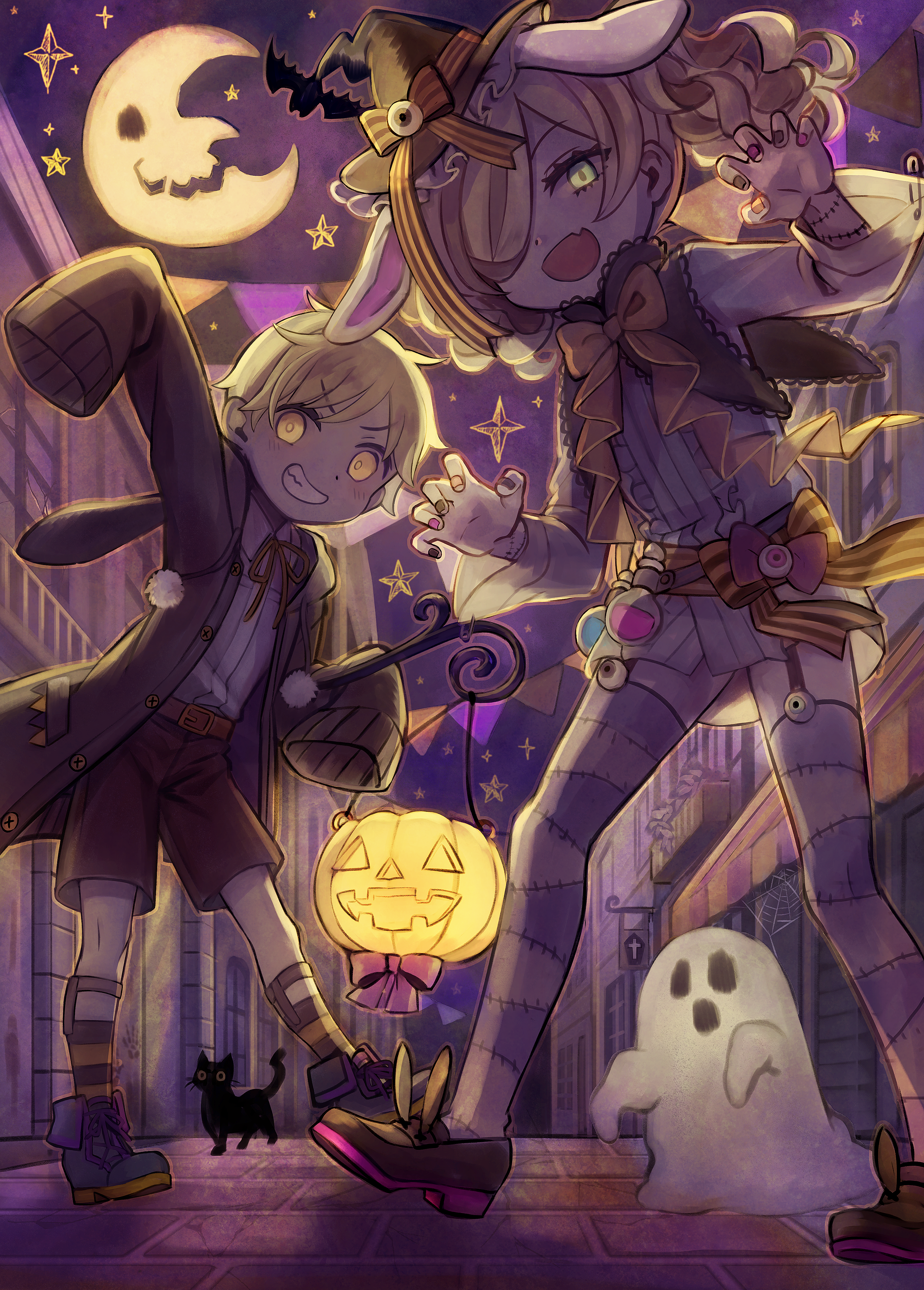 shuu (syuuuuuuuuuu), original, absurdres, commentary request, highres, 2boys, :d, animal ears, belt, black cat, blonde hair, boots, bow, bowtie, brown belt, brown coat, brown hat, brown ribbon, brown shoes, brown shorts, cat, claw pose, coat, collared shirt, crescent moon, fang, floppy ears, fold-over boots, full body, garter straps, green eyes, green nails, grey boots, grin, hair over one eye, halloween, hands up, hat, hat bow, jack-o'-lantern, lace-up boots, long sleeves, looking at viewer, male focus, moon, multicolored nails, multiple boys, neck ribbon, night, open clothes, open coat, open mouth, orange bow, orange bowtie, outdoors, pink nails, purple nails, purple thighhighs, rabbit ears, ribbon, shirt, shoes, short hair, shorts, skin fang, sleeves past fingers, sleeves past wrists, smile, standing, thighhighs, v-shaped eyebrows, white shirt, white shorts, witch hat, yellow eyes, yellow nails