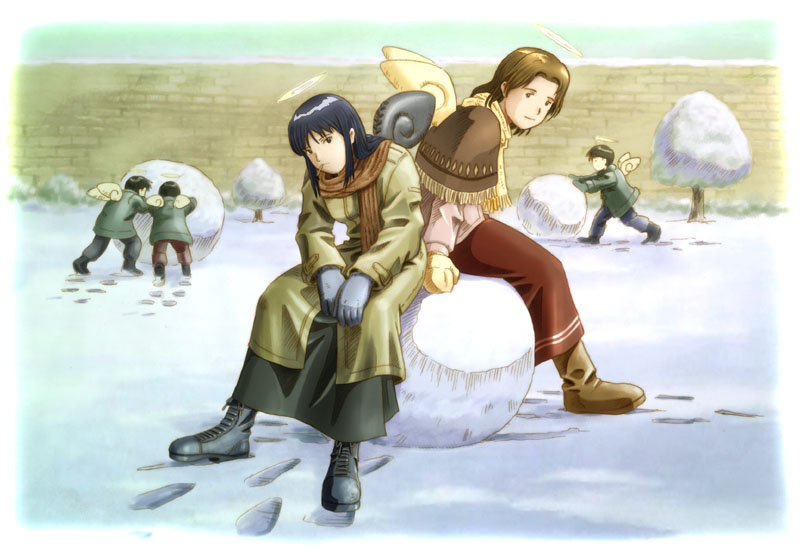 aaru sentou shuudan, nemu (haibane renmei), reki (haibane renmei), haibane renmei, 00s, 2girls, black hair, boots, brown hair, coat, footprints, halo, multiple girls, snow, traditional halo, wings, winter