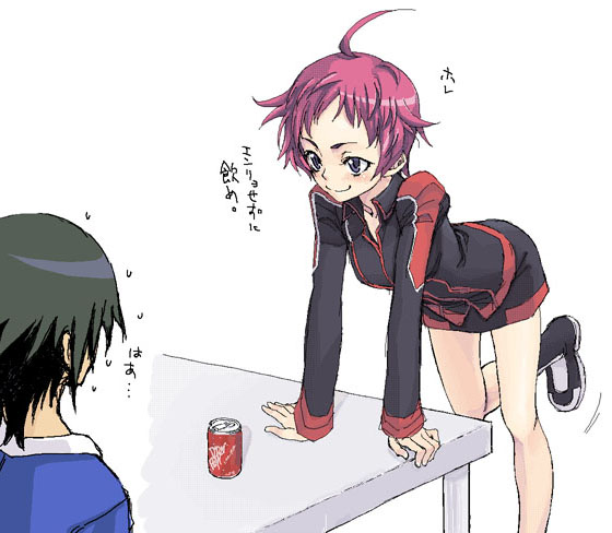 satou atsuki, souya akira, dr pepper, dragonaut, looking away, 00s, 1boy, 1girl, ahoge, arm support, bent over, can, grin, jacket, miniskirt, pink hair, short hair, simple background, skirt, smile, standing, standing on one leg, table
