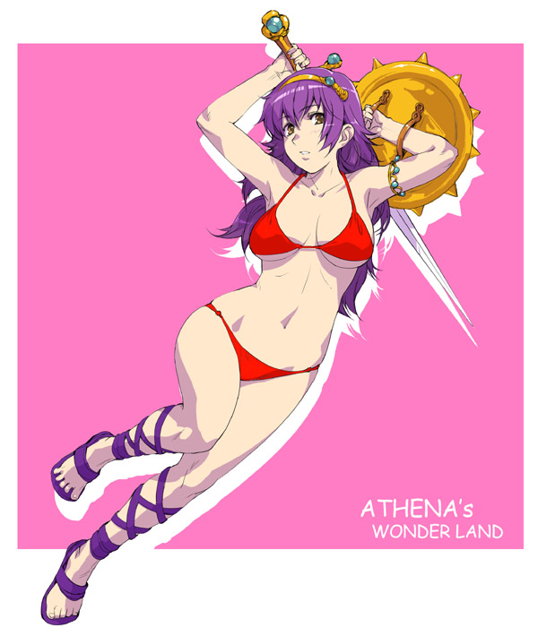 shirayuki shoushirou, princess athena, athena (series), snk, the king of fighters, 1girl, bikini, female focus, purple hair, red bikini, ribbon, shield, solo, swimsuit, sword, weapon, yellow eyes