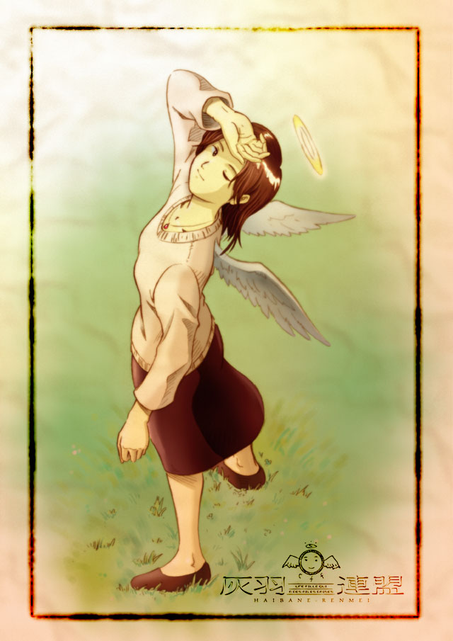 aaru sentou shuudan, nemu (haibane renmei), haibane renmei, 00s, 1girl, female focus, foreshortening, halo, solo, traditional halo, wings