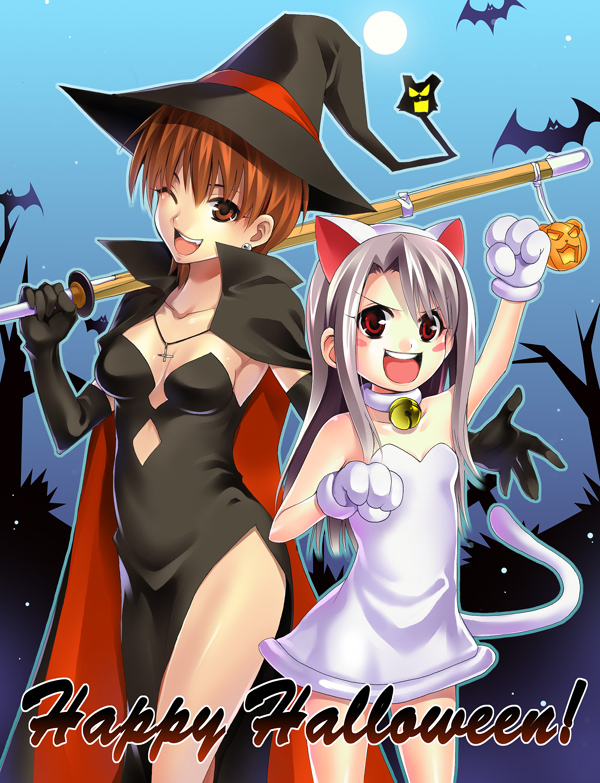 azu, fujimura taiga, illyasviel von einzbern, fate/stay night, fate (series), 00s, 2girls, animal ears, cat ears, cat tail, halloween, happy halloween, hat, multiple girls, night, tail, witch hat