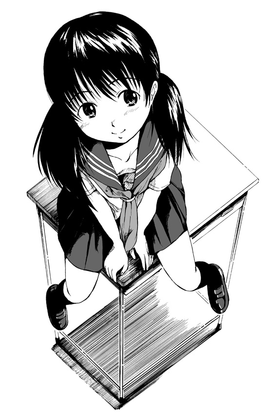 ooshiro youkou, original, 1girl, desk, female focus, foreshortening, greyscale, monochrome, school uniform, serafuku, solo