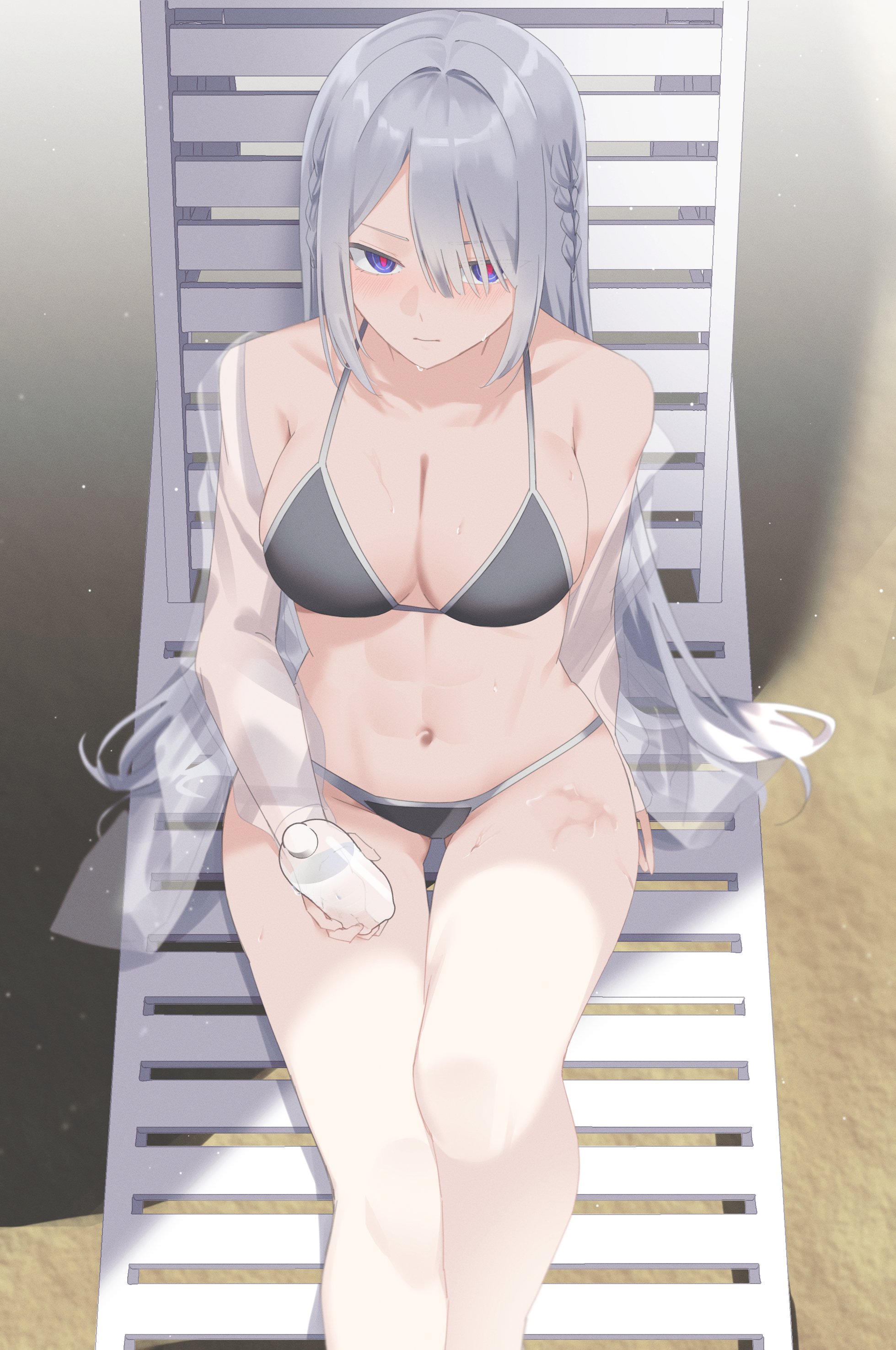 ak-15 (girls' frontline), girls' frontline, girls' frontline 2: exilium, absurdres, commentary, highres, symbol-only commentary, 1girl, abs, alternate costume, bikini, black bikini, bottle, breasts, cleavage, hair over one eye, holding, holding bottle, jacket, lemonisblue, navel, purple eyes, red pupils, sand, see-through clothes, see-through jacket, sitting, solo, stomach, swimsuit, voymastina (girls' frontline 2), white hair
