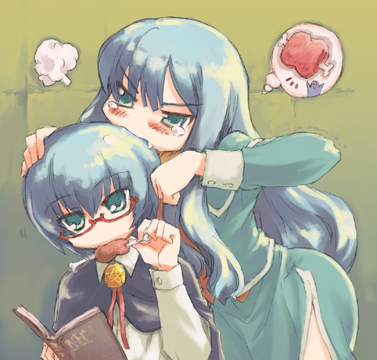 sylpheed, tabitha (zero no tsukaima), zero no tsukaima, fume, artist request, 00s, 2girls, angry, aqua eyes, biting, blue hair, blush, boned meat, book, fang, food, glasses, green background, hand on another's head, head biting, imagining, meat, multiple girls, pentacle, tears