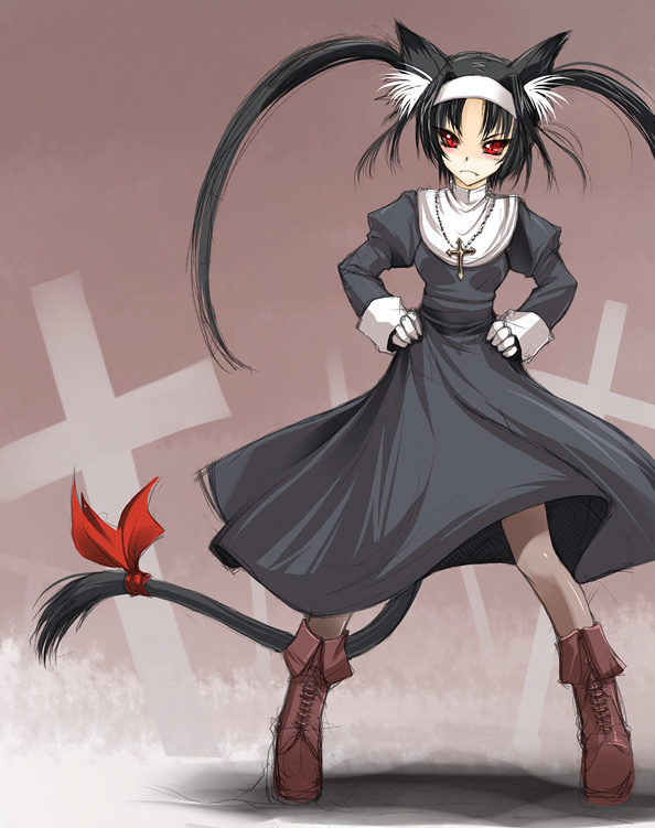won (az hybrid), original, 1girl, animal ears, boots, cat ears, cat tail, cross, fang, female focus, latin cross, nun, pantyhose, red eyes, solo, tail, twintails