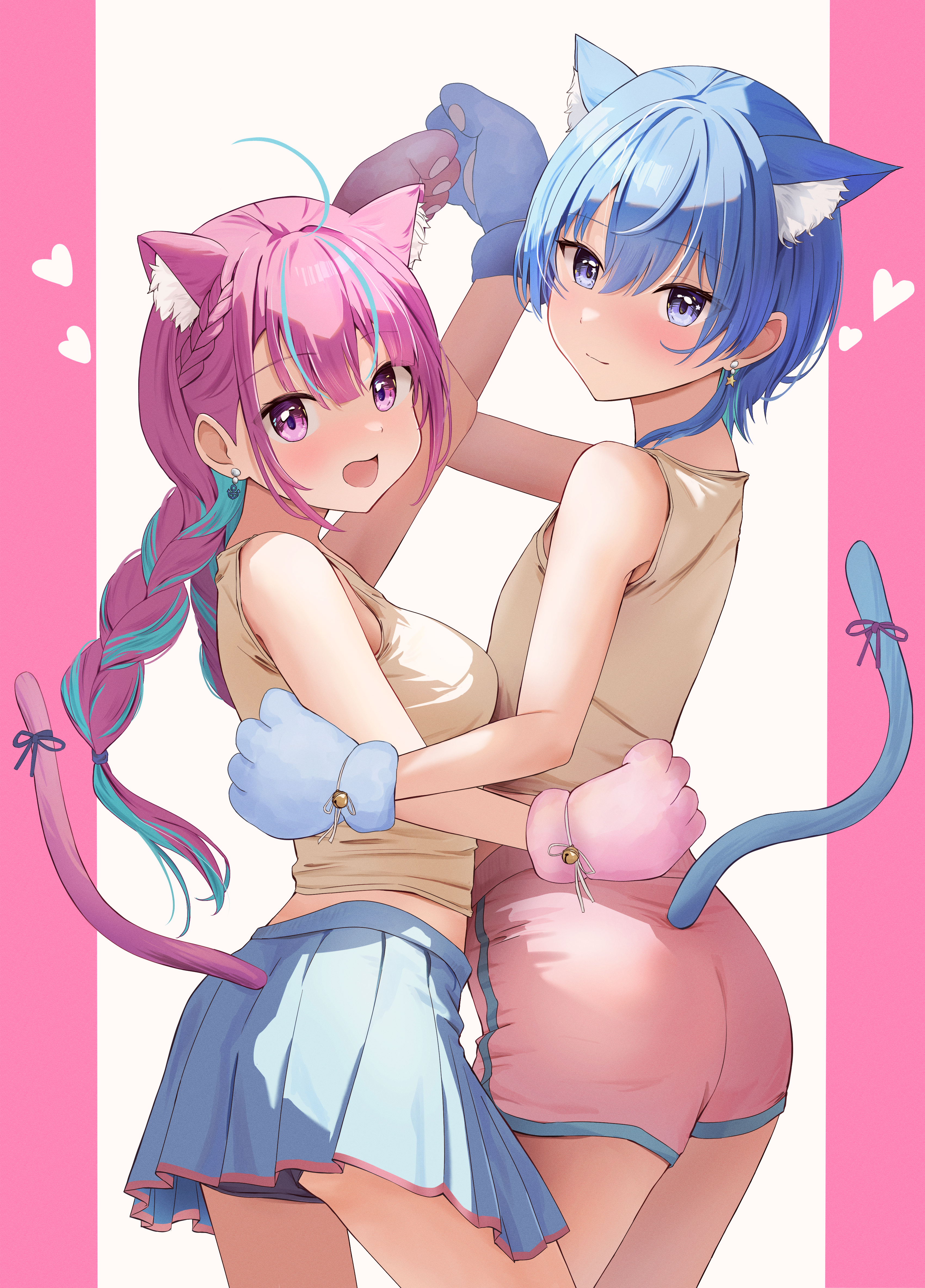 mochiki 927, hoshimachi suisei, minato aqua, hololive, absurdres, commentary, highres, 1girl, 2girls, animal ears, aqua hair, bare shoulders, blue eyes, blue hair, blue skirt, blue tail, blush, braid, breasts, cat ears, cat girl, cat tail, closed mouth, large breasts, long hair, looking at viewer, multicolored hair, multiple girls, open mouth, pink background, pink eyes, pink hair, pink tail, shirt, short hair, skirt, smile, streaked hair, tail, thighs, twintails, two-tone hair, virtual youtuber, white background, yellow shirt