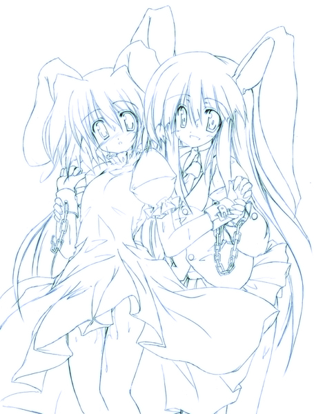 sen (astronomy), inaba tewi, reisen udongein inaba, touhou, 2girls, animal ears, blue theme, female focus, monochrome, multiple girls, rabbit ears