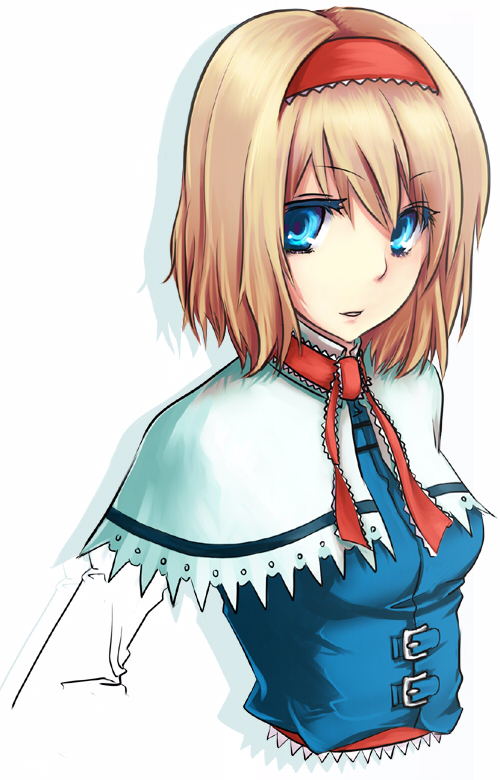 kuroneko jiji, alice margatroid, touhou, 1girl, blonde hair, blue eyes, female focus, simple background, solo, upper body, white background