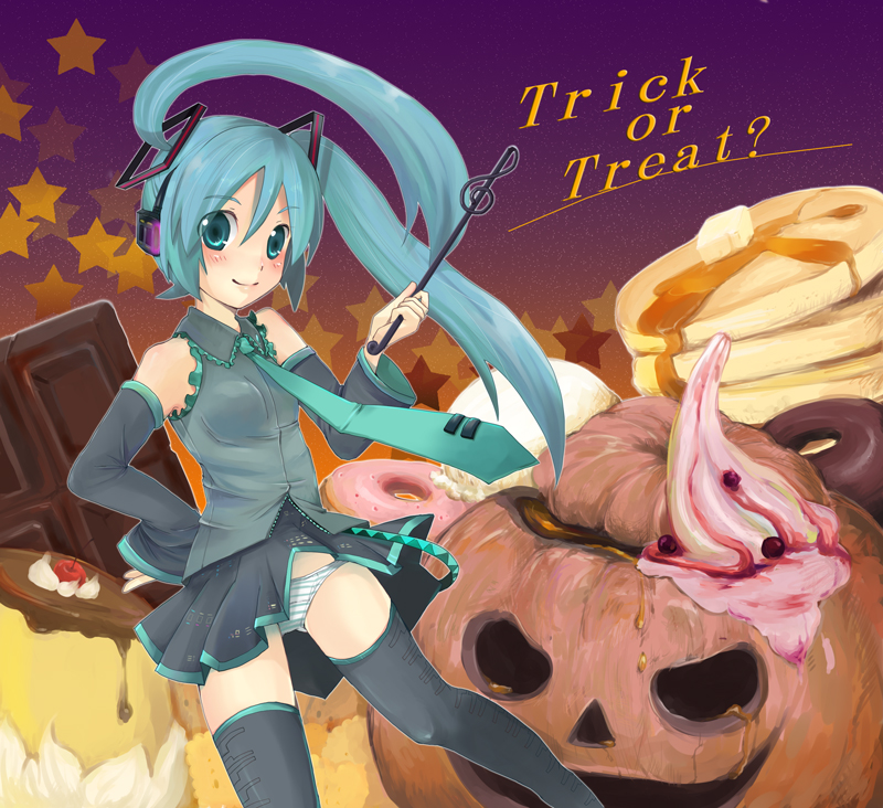 sazame, hatsune miku, vocaloid, 1girl, blue hair, butter, candy, cherry, chocolate, chocolate bar, detached sleeves, donut, english text, female focus, food, fruit, halloween, ice cream, jack-o'-lantern, lowleg, lowleg panties, pancake, pancake stack, panties, pudding, solo, star (symbol), striped clothes, striped panties, syrup, thighhighs, treble clef, trick or treat, twintails, underwear