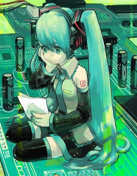 haruo (clownberry), hatsune miku, vocaloid, 1girl, aqua hair, binary, circuit board, female focus, holding, holding paper, long hair, paper, solo, thighhighs, twintails, very long hair