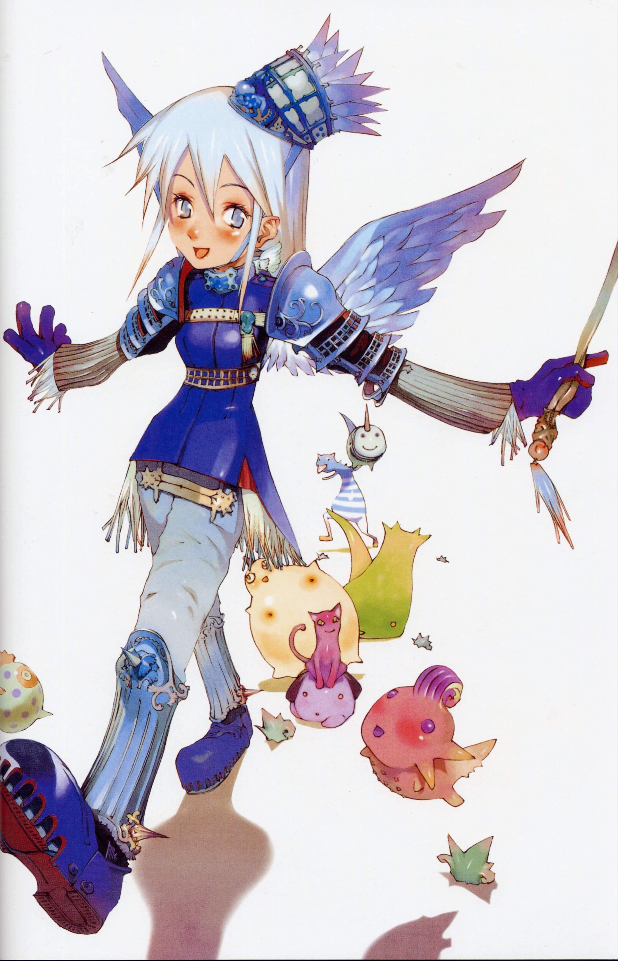 okama, okamax, absurdres, artbook, highres, scan, armor, blue hair, solo