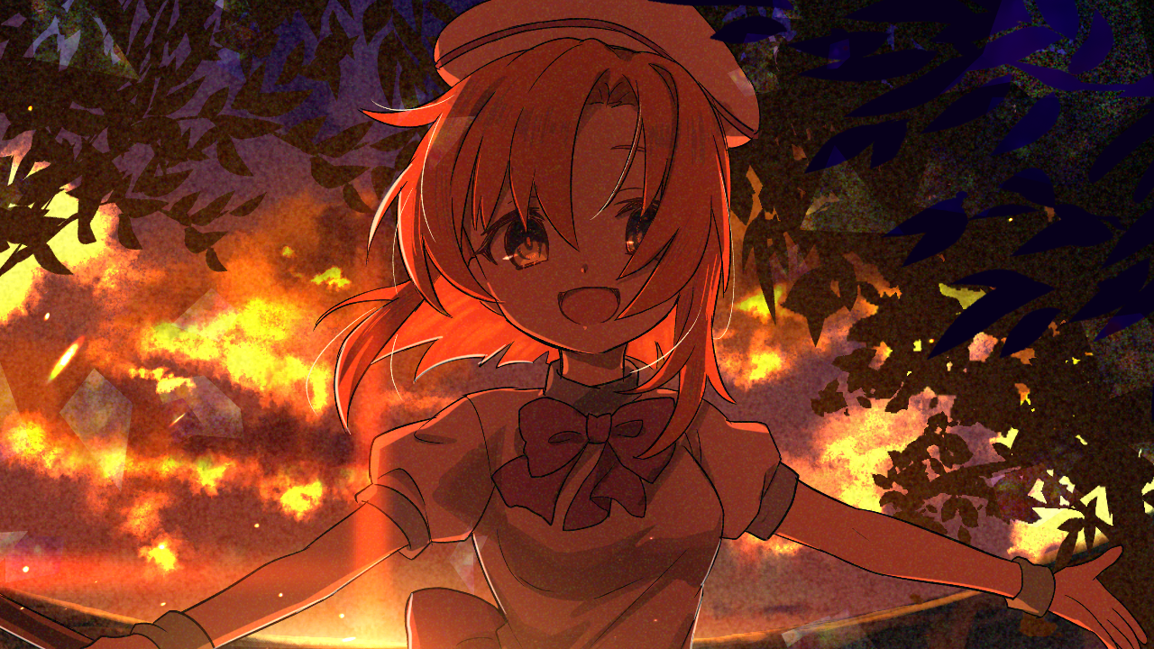 shuu (syuuuuuuuuuu), ryuuguu rena, higurashi no naku koro ni, commentary request, 1girl, :d, bow, bowtie, breasts, fire, hat, looking at viewer, medium breasts, medium hair, open mouth, orange hair, outdoors, parted bangs, pink bow, pink bowtie, shirt, short sleeves, smile, solo, upper body, white hat, white shirt, yellow eyes