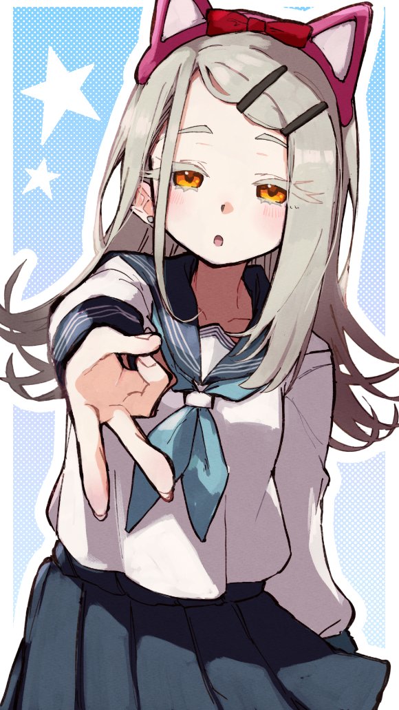 jamir, shinosawa hiro, gakuen idolmaster, idolmaster, 1girl, animal ears, blue neckerchief, blue sailor collar, blue skirt, blush, border, bow, cat ears, collarbone, colored eyelashes, cowboy shot, earrings, fake animal ears, fingernails, flipped hair, gradient hair, grey hair, gyaru v, hair ornament, hairclip, hand up, hatsuboshi gakuen school uniform, jewelry, long sleeves, multicolored hair, neckerchief, open mouth, orange eyes, outline, outside border, outstretched arm, parallel hairclips, pleated skirt, red bow, sailor collar, school uniform, serafuku, shirt, simple background, skirt, solo, star (symbol), stud earrings, swept bangs, v, white border, white outline, white shirt