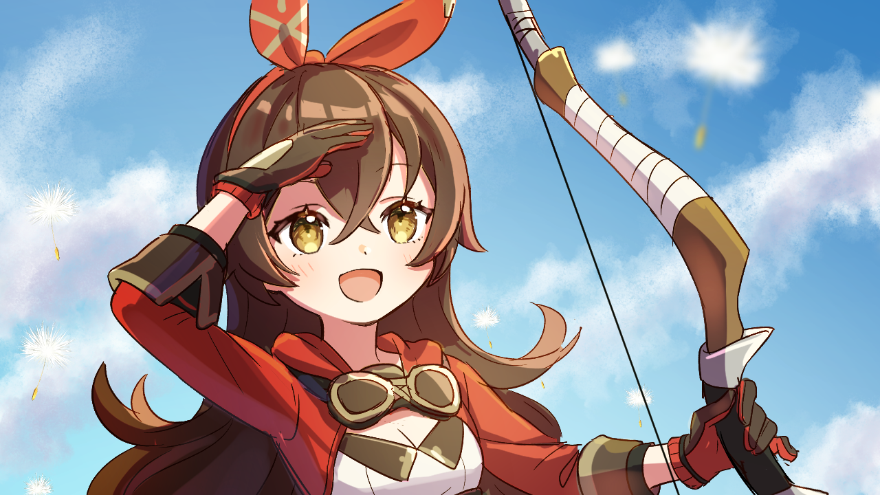 shuu (syuuuuuuuuuu), amber (genshin impact), genshin impact, commentary request, 1girl, :d, blue sky, blush, bow (weapon), bow hairband, breasts, brown gloves, brown hair, cleavage, cloud, crossed bangs, day, gloves, hair between eyes, hairband, holding, holding bow (weapon), holding weapon, long hair, long sleeves, open mouth, outdoors, red hairband, red shirt, shirt, sky, smile, solo, upper body, weapon, yellow eyes