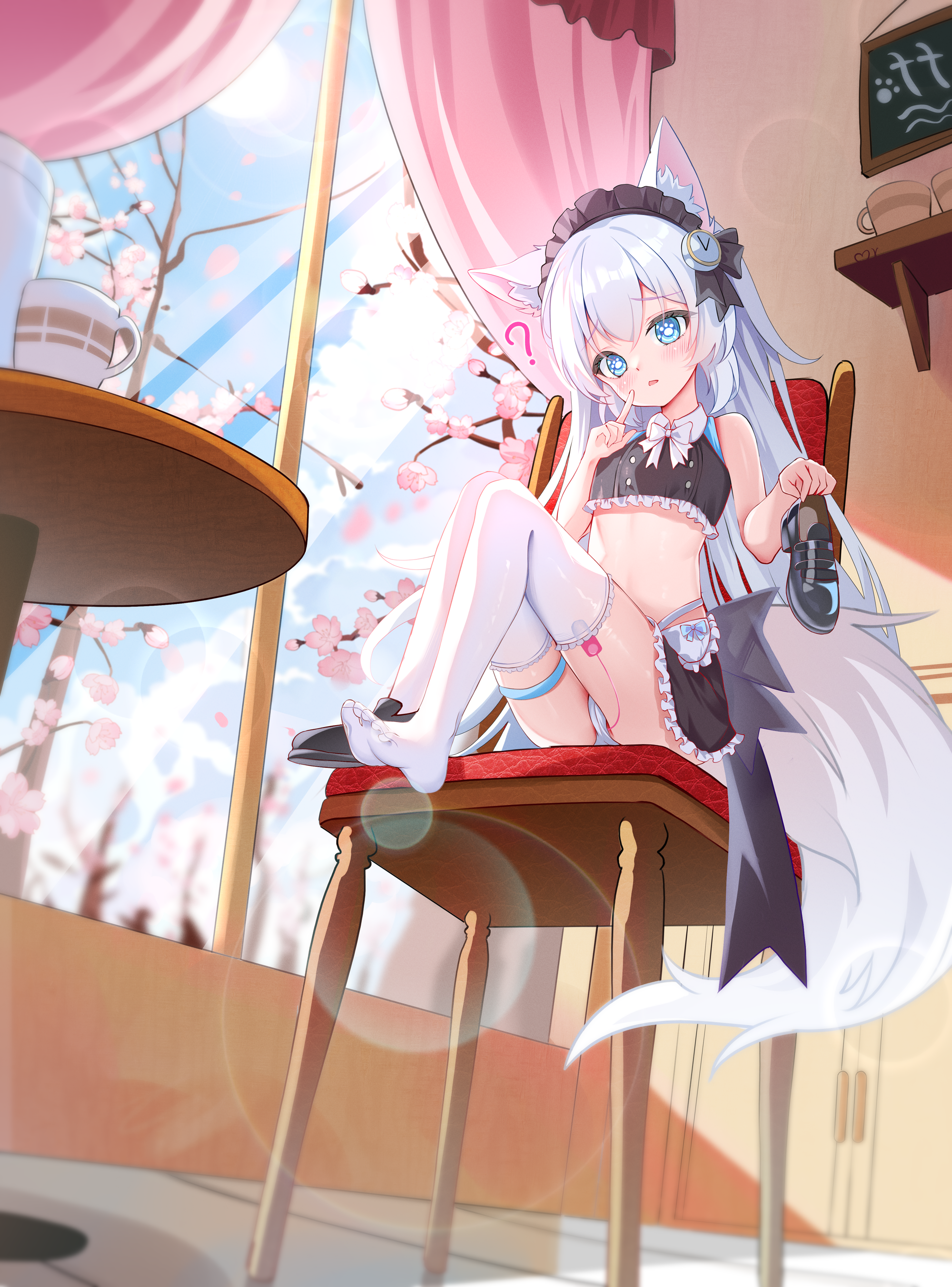 ccczr, original, absurdres, chinese commentary, commentary request, highres, 1girl, ?, animal ear fluff, animal ears, black skirt, blue eyes, chair, fox ears, holding, long hair, panties, remote control vibrator, sex toy, shirt, shoes, sitting, skirt, solo, tail, thighhighs, underwear, unworn shoes, vibrator, vibrator cord, vibrator in thighhighs, vibrator under clothes, vibrator under panties, white panties, white thighhighs