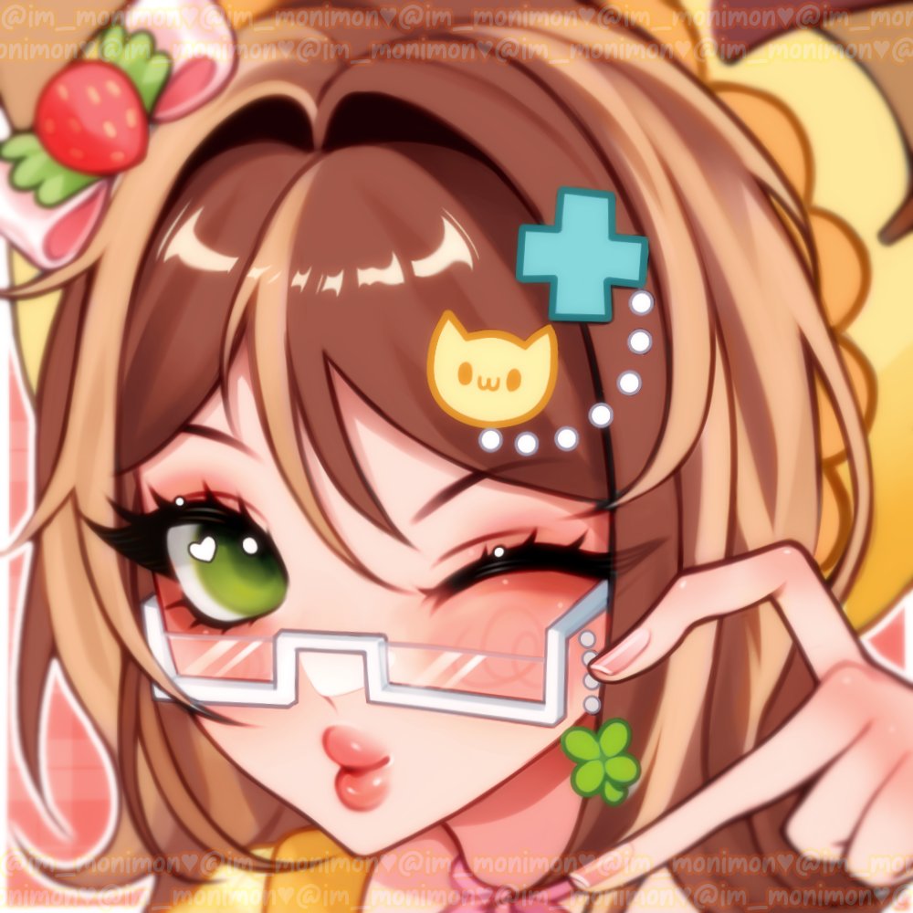 original, commentary, symbol-only commentary, 1girl, blush, bow, brown hair, cat hair ornament, choppy bangs, closed mouth, cross hair ornament, glasses, green eyes, hair bow, hair ornament, heart, heart in eye, im monimon, lips, looking at viewer, medium hair, o3o, one eye closed, pink bow, portrait, semi-rimless eyewear, solo, symbol in eye, under-rim eyewear, watermark, white-framed eyewear