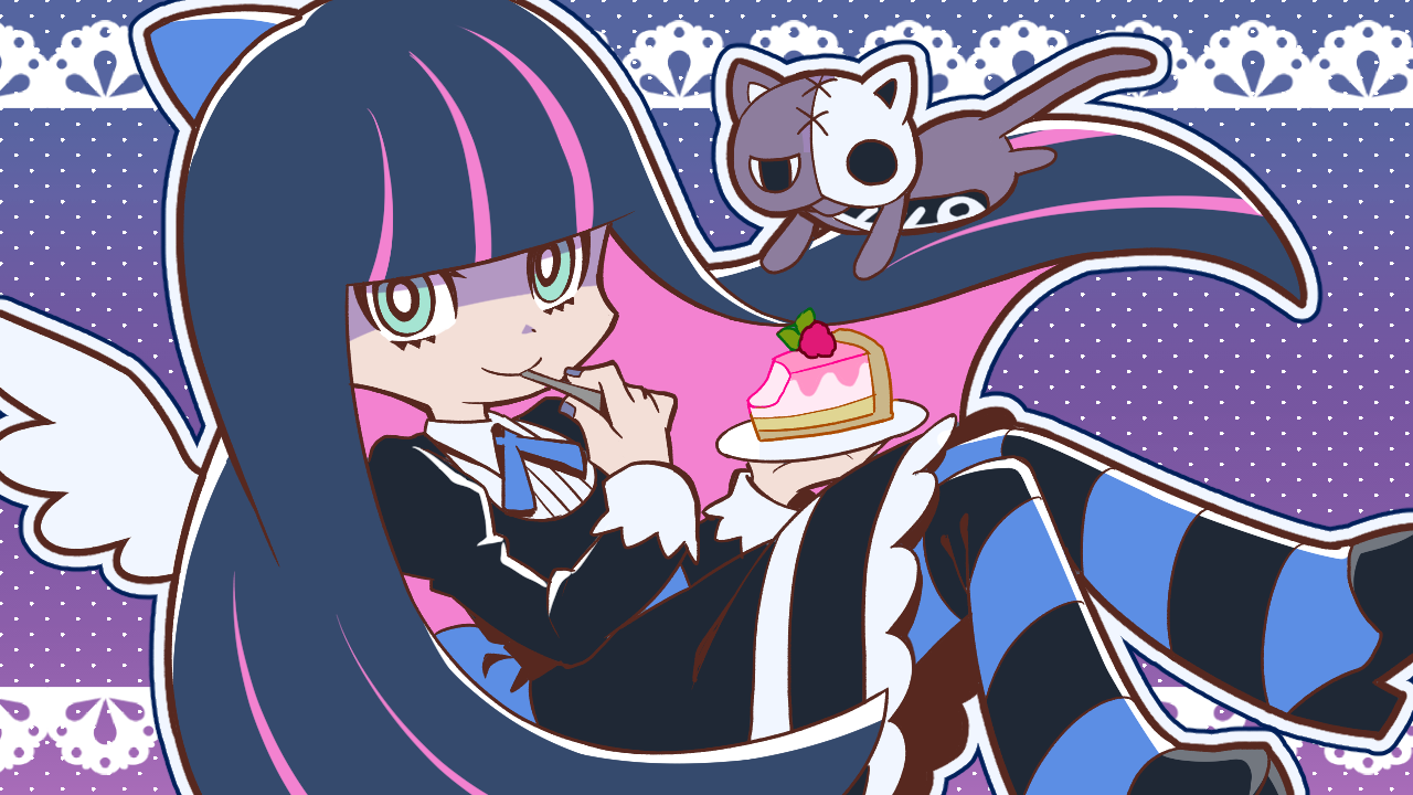 shuu (syuuuuuuuuuu), stocking (psg), panty & stocking with garterbelt, commentary request, 1girl, black dress, black pantyhose, black shoes, blue hair, blue pantyhose, blue ribbon, blunt bangs, blunt ends, bright pupils, cake, cake slice, closed mouth, collared shirt, colored inner hair, dress, food, full body, green eyes, high heels, holding, holding plate, long hair, long sleeves, looking at viewer, multicolored hair, neck ribbon, outline, pantyhose, pink hair, plate, polka dot, polka dot background, purple background, ribbon, shirt, shoes, smile, solo, streaked hair, striped clothes, striped pantyhose, two-tone hair, two-tone pantyhose, white outline, white pupils, white shirt, white wings, wings