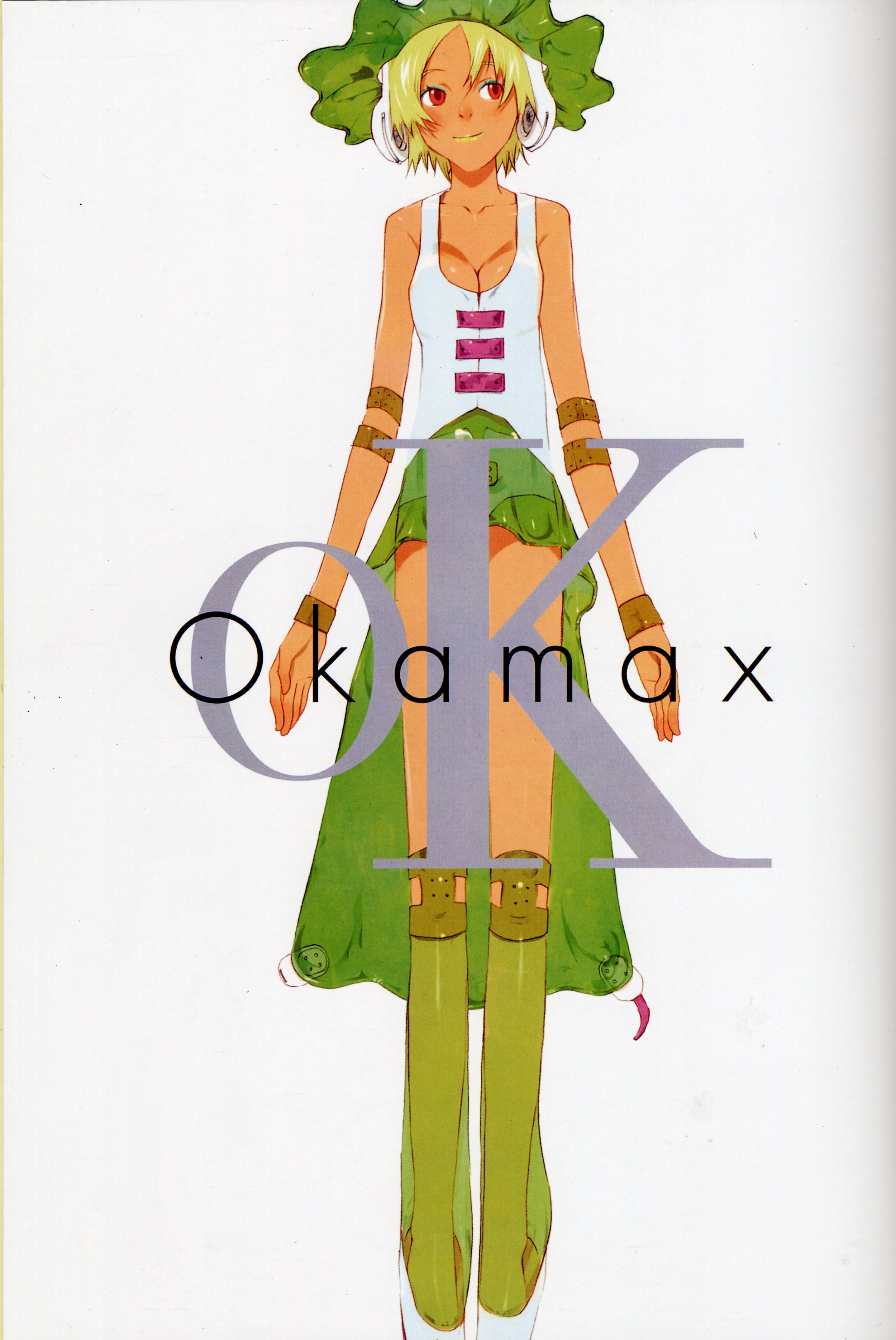okama, okamax, absurdres, artbook, highres, scan, 1girl, blouse, boots, breasts, cleavage, dark-skinned female, dark skin, female focus, green boots, green hat, hat, shirt, sleeveless, sleeveless shirt, solo, waist cape, white background
