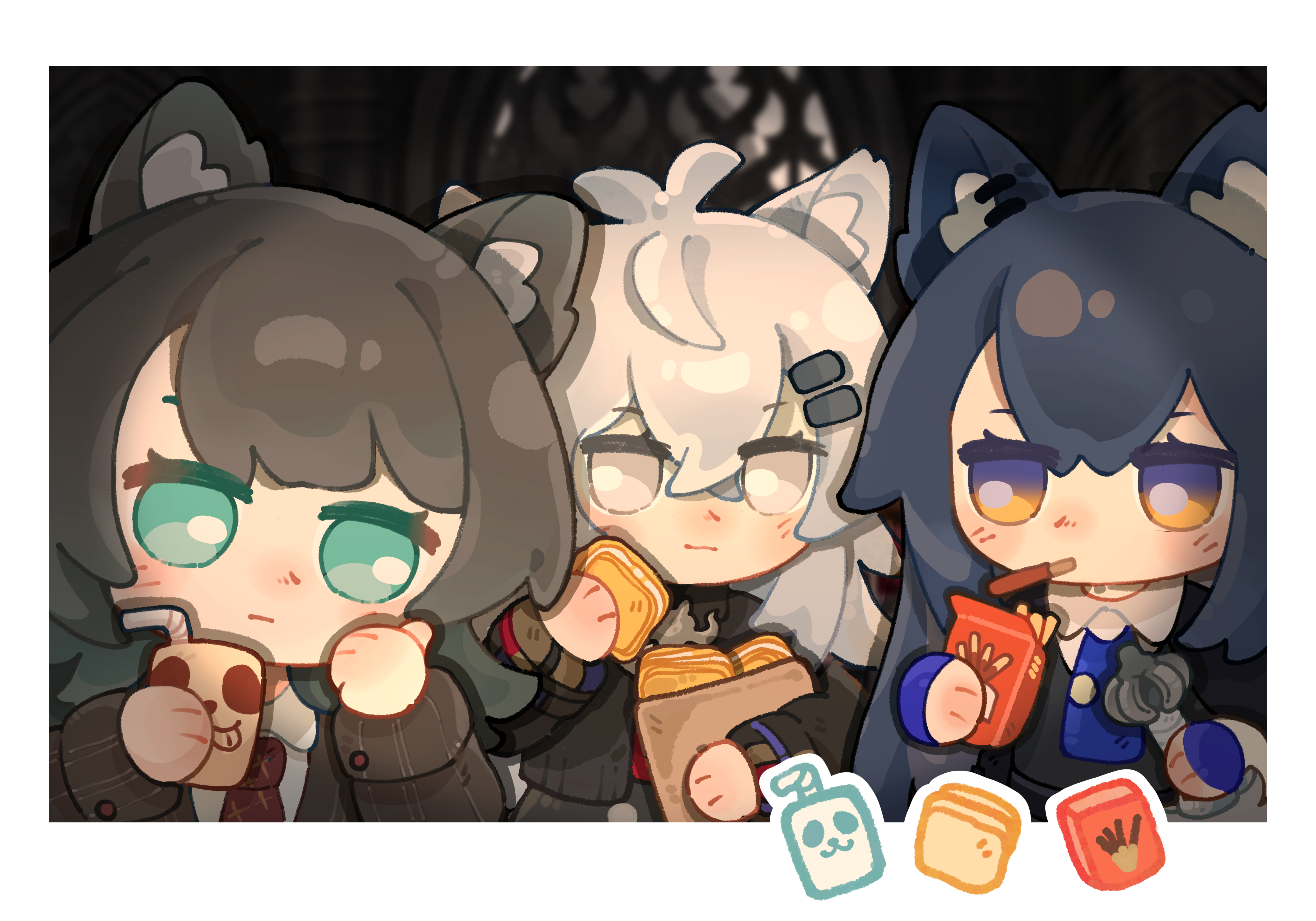 lappland (arknights), texas (arknights), yahata umiri, arknights, bang dream!, bang dream! it's mygo!!!!!, absurdres, chinese commentary, commentary request, highres, 3girls, animal ear fluff, animal ears, black hair, black jacket, blue eyes, border, chibi, chibi only, closed mouth, crossover, food, food in mouth, grey eyes, grey hair, hair between eyes, hair ornament, hairclip, holding, holding food, holding pocky, jacket, juice box, kemonomimi mode, liu chong luan, long hair, long sleeves, looking at viewer, medium hair, multiple girls, pocky, pocky in mouth, smile, white border, wolf ears, wolf girl, yahata umiri (moonlight executioner)