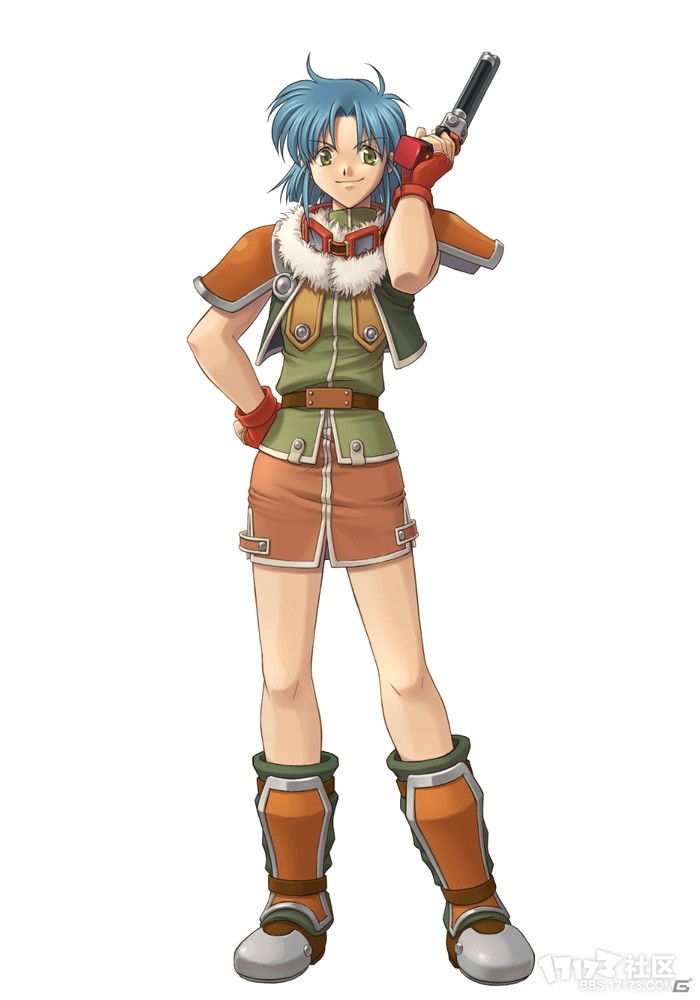 josette capua, eiyuu densetsu, sora no kiseki, official art, third-party source, 1girl, armor, belt, blue hair, boots, curtained hair, fingerless gloves, full body, fur trim, gloves, goggles, goggles around neck, green eyes, green shirt, green vest, gun, hand on own hip, handgun, holding, holding gun, holding weapon, leather, leather gloves, light smile, looking at viewer, medium hair, miniskirt, orange skirt, parted bangs, red gloves, shirt, shoulder armor, skirt, sleeveless, sleeveless shirt, smile, smug, solo, vest, weapon