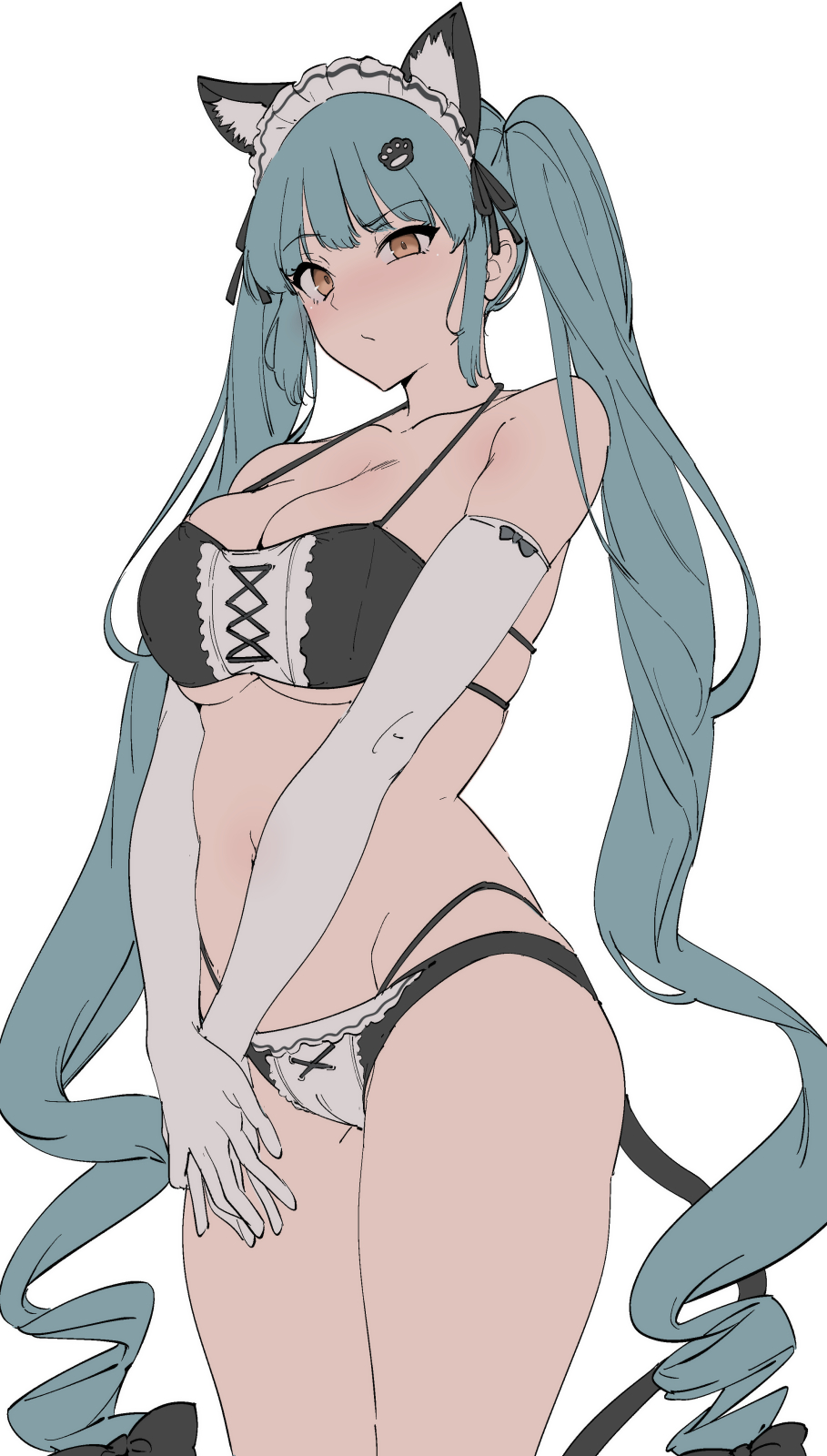 alp, privaty (nikke), privaty (unkind maid) (nikke), goddess of victory: nikke, highres, animal ears, bikini, black bikini, blue hair, blush, bow, breasts, cat ears, cat tail, cleavage, elbow gloves, gloves, hair bow, hair ornament, large breasts, long hair, looking at viewer, maid, maid bikini, maid headdress, simple background, swimsuit, tail, thighs, twintails, unconventional maid, v arms, white background, white gloves, yellow eyes