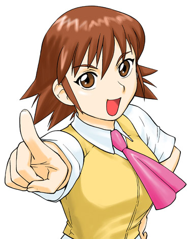 ueyama michirou, enora taft, kenran butou sai, lowres, 00s, 1girl, brown eyes, brown hair, female focus, foreshortening, pointing, school uniform, serafuku, solo